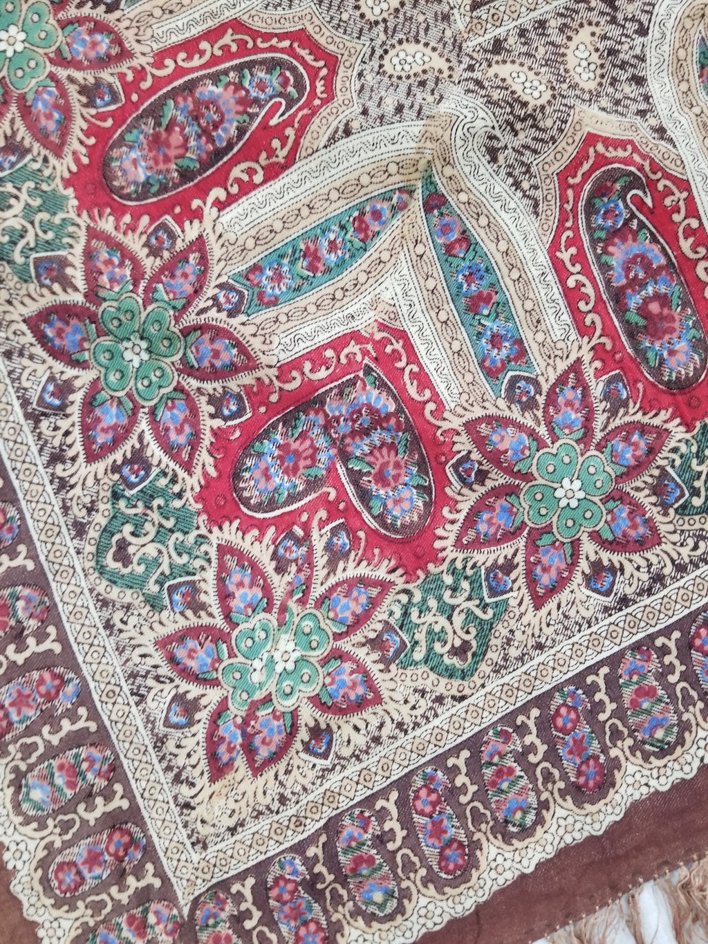 Vintage French Kashmiri Paisley Printed Wool Shawl 163x152cm