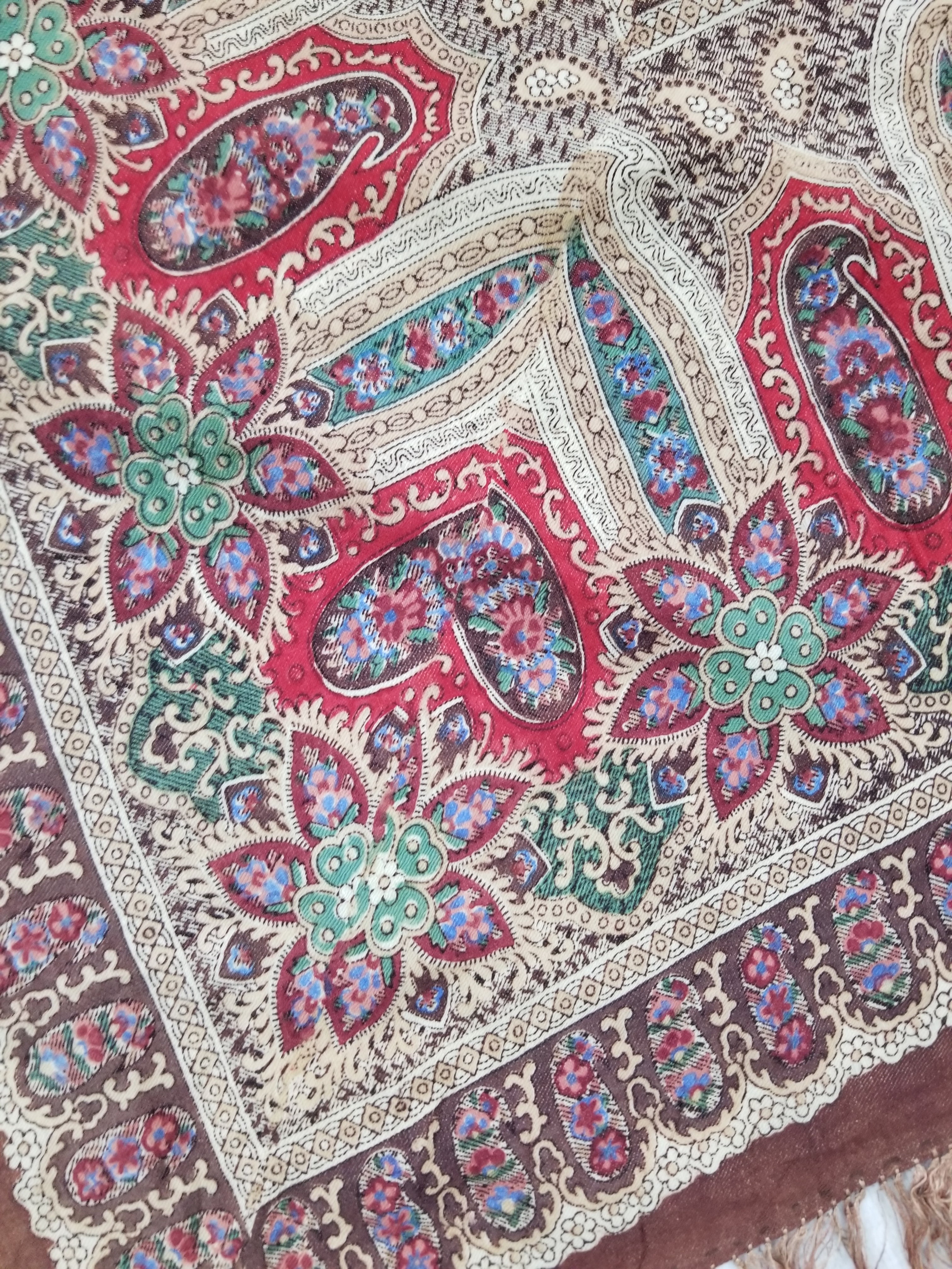 Vintage French Kashmiri Paisley Printed Wool Shawl 163x152cm