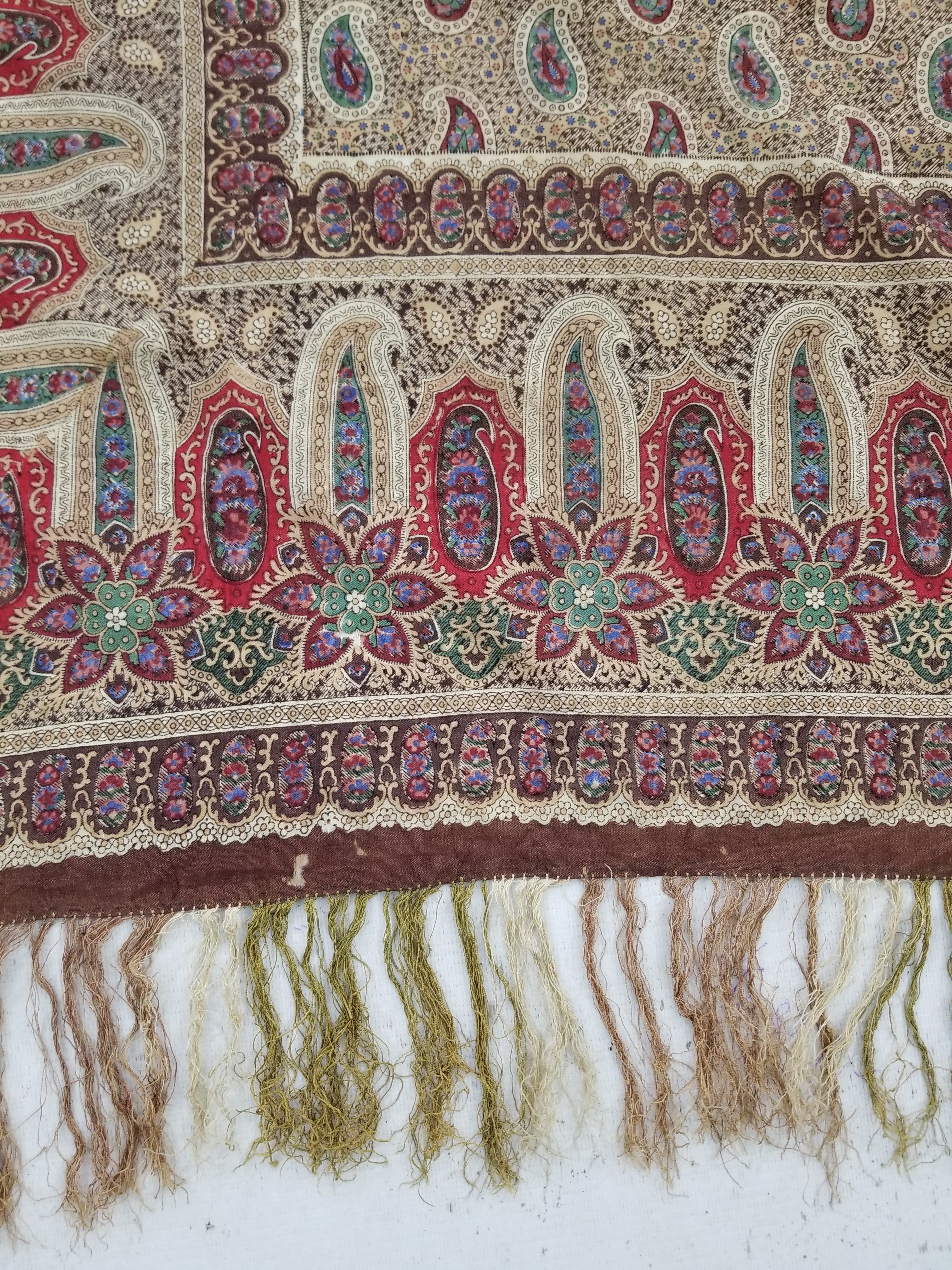 Vintage French Kashmiri Paisley Printed Wool Shawl 163x152cm