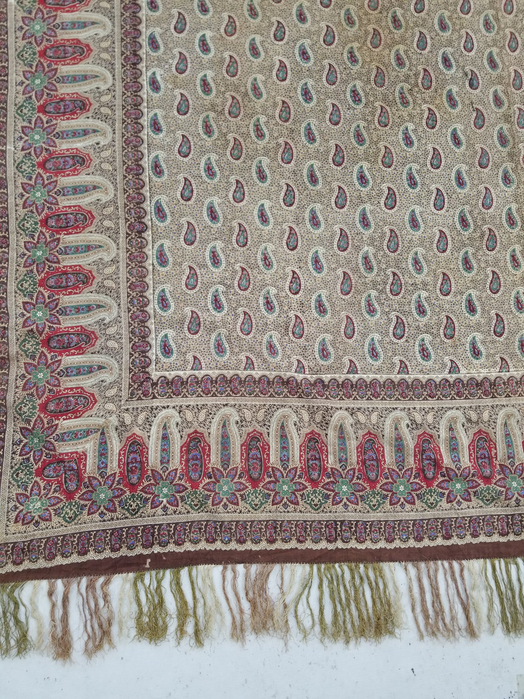 Vintage French Kashmiri Paisley Printed Wool Shawl 163x152cm