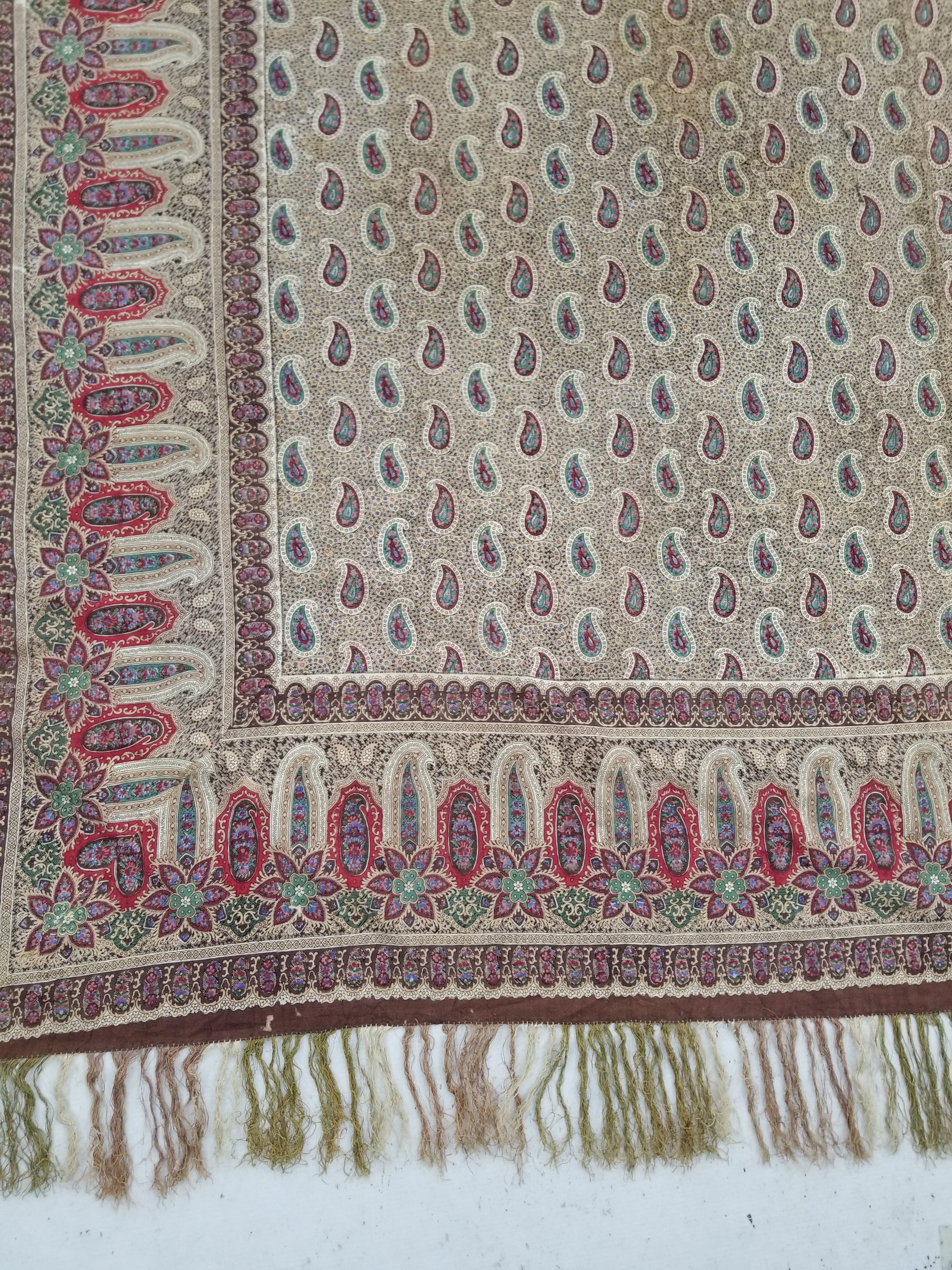 Vintage French Kashmiri Paisley Printed Wool Shawl 163x152cm