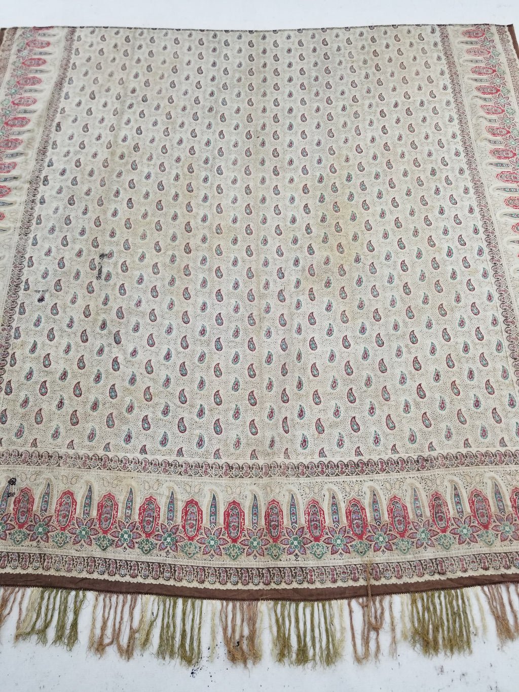 Vintage French Kashmiri Paisley Printed Wool Shawl 163x152cm