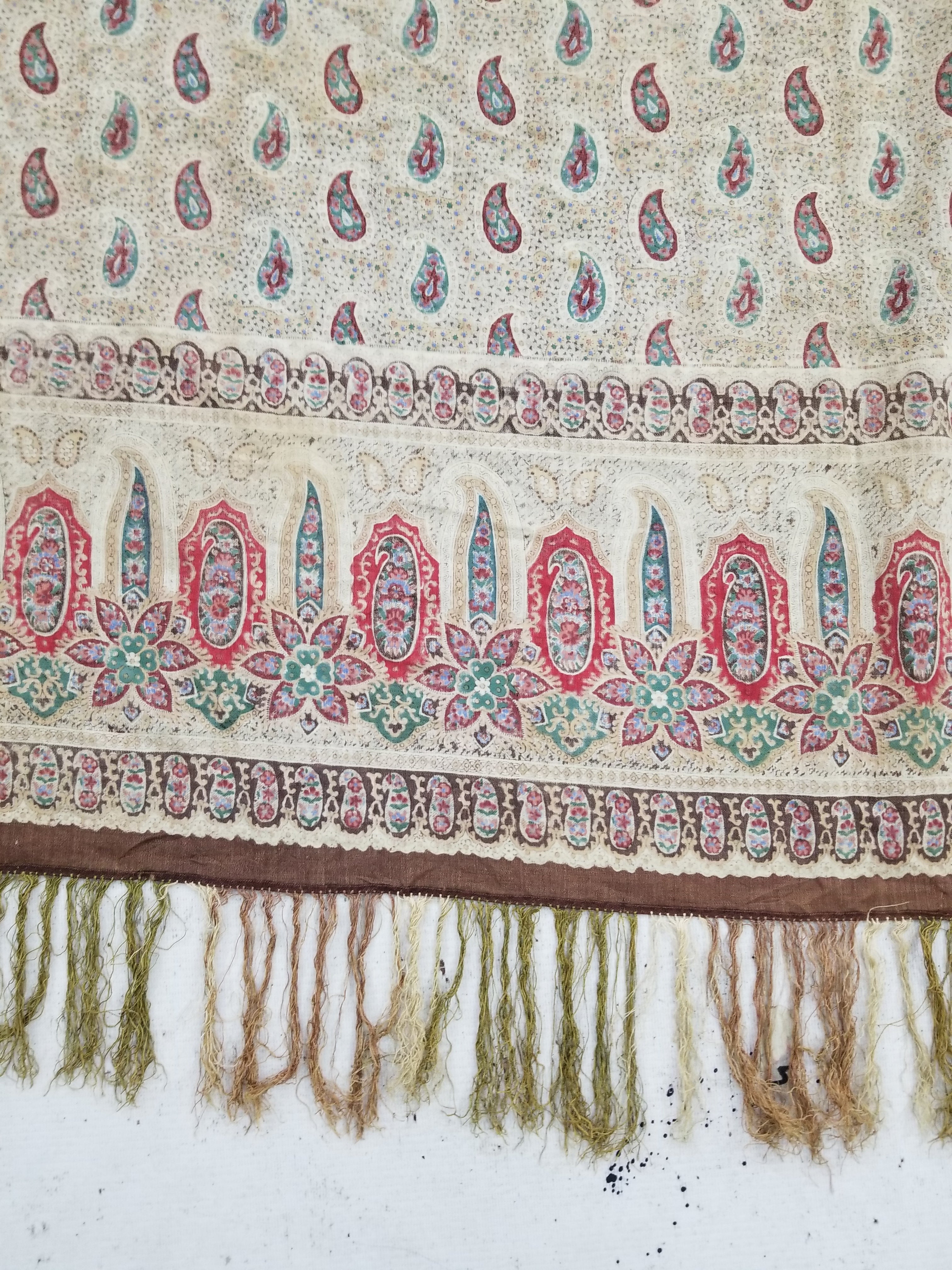 Vintage French Kashmiri Paisley Printed Wool Shawl 163x152cm