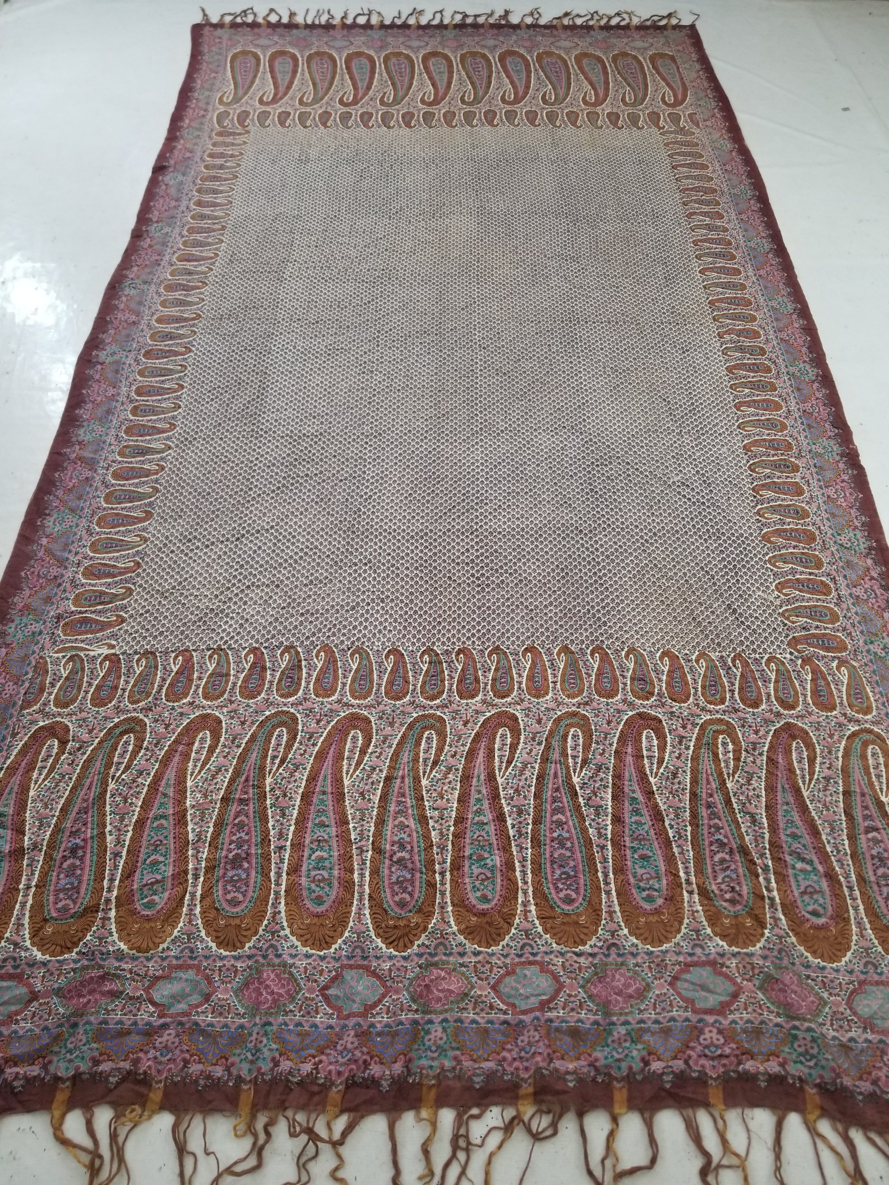 Antique Traditional Kashmiri Paisley Printed Wool Shawl 313x157cm