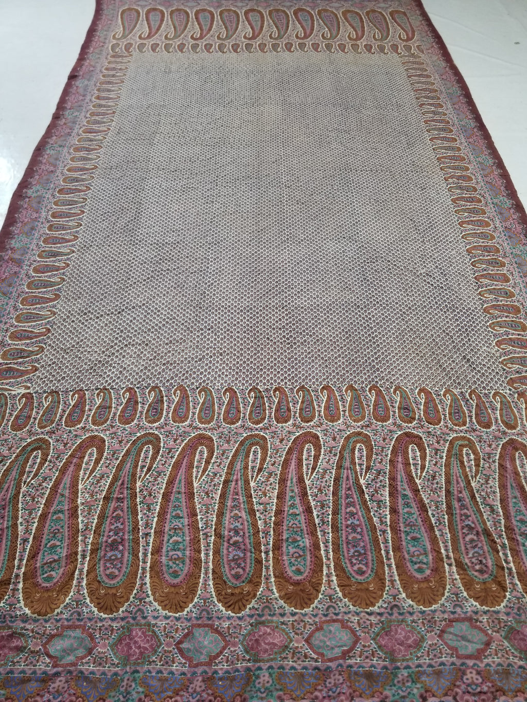 Antique Traditional Kashmiri Paisley Printed Wool Shawl 313x157cm