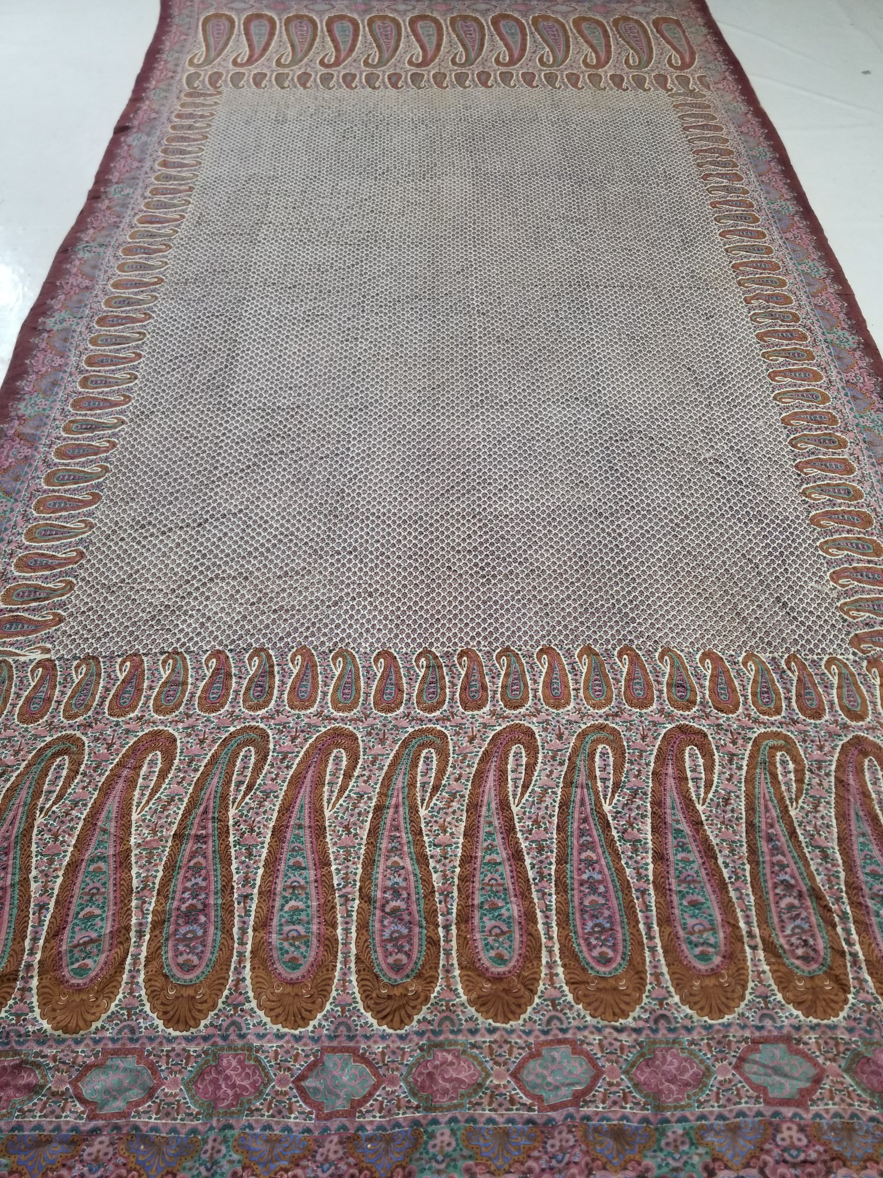 Antique Traditional Kashmiri Paisley Printed Wool Shawl 313x157cm