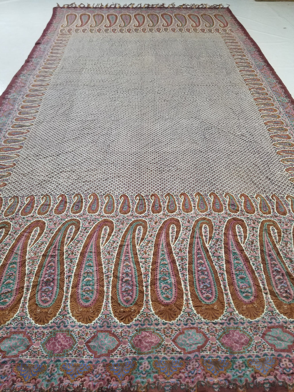 Antique Traditional Kashmiri Paisley Printed Wool Shawl 313x157cm