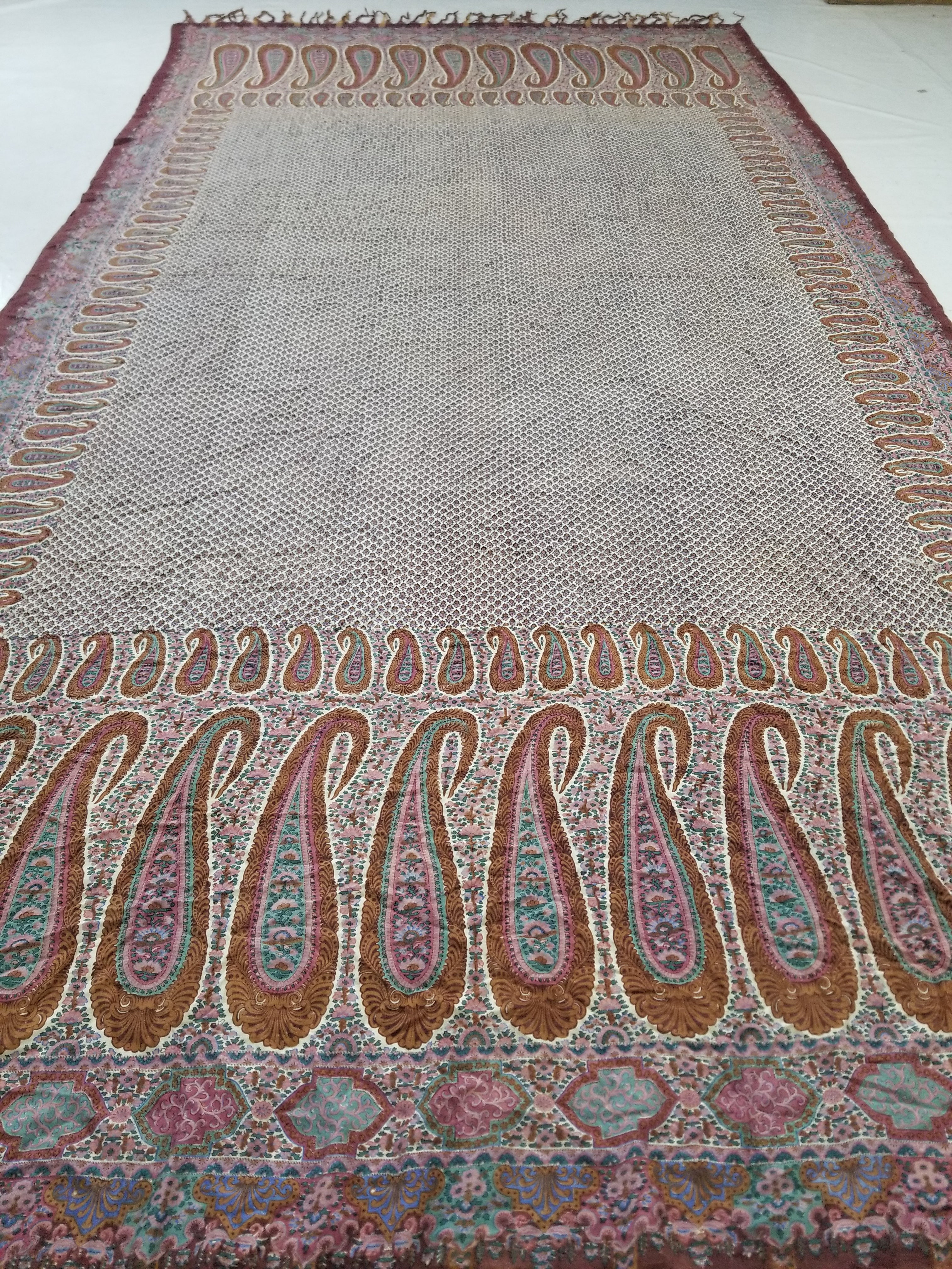 Antique Traditional Kashmiri Paisley Printed Wool Shawl 313x157cm