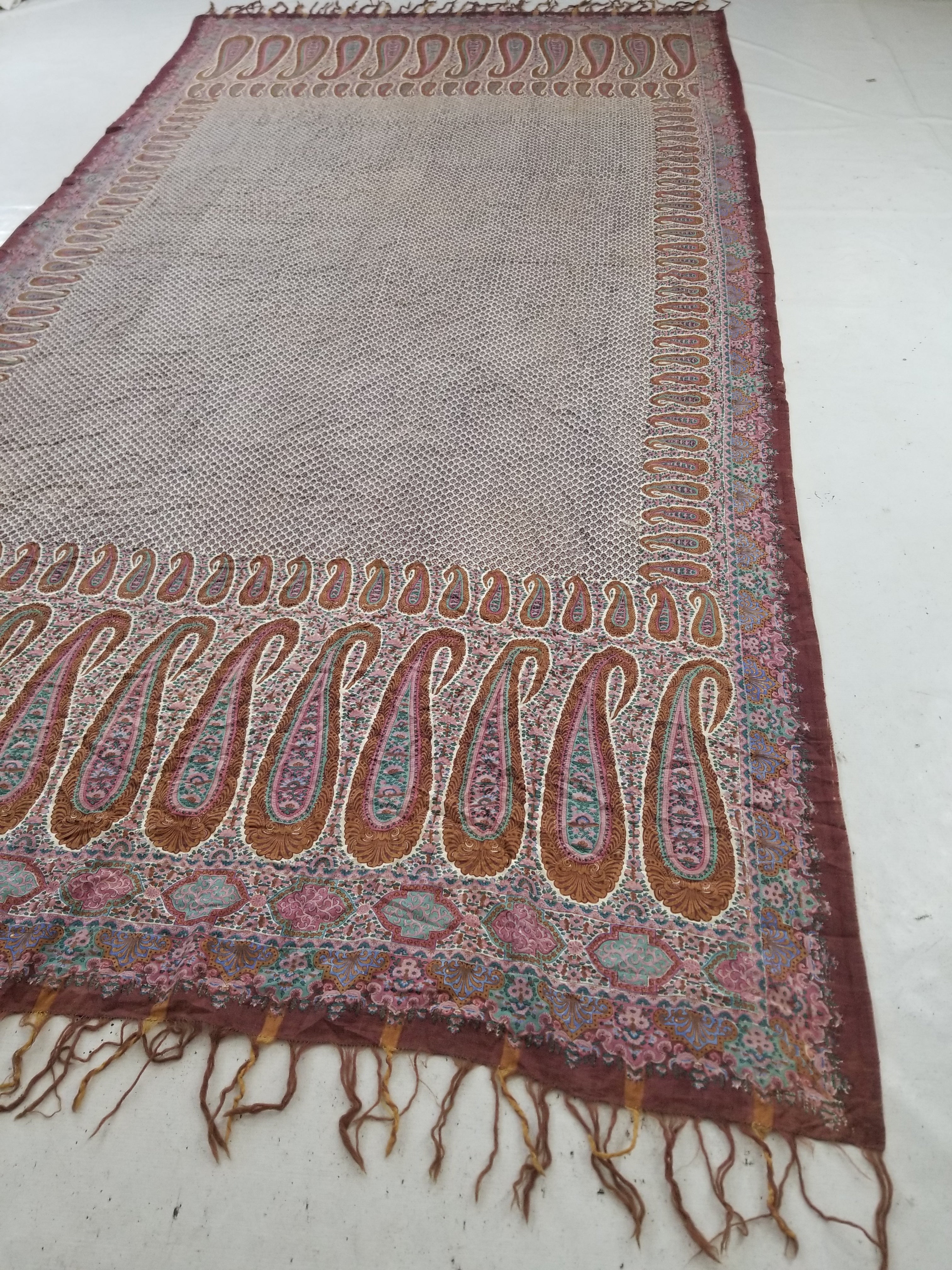 Antique Traditional Kashmiri Paisley Printed Wool Shawl 313x157cm
