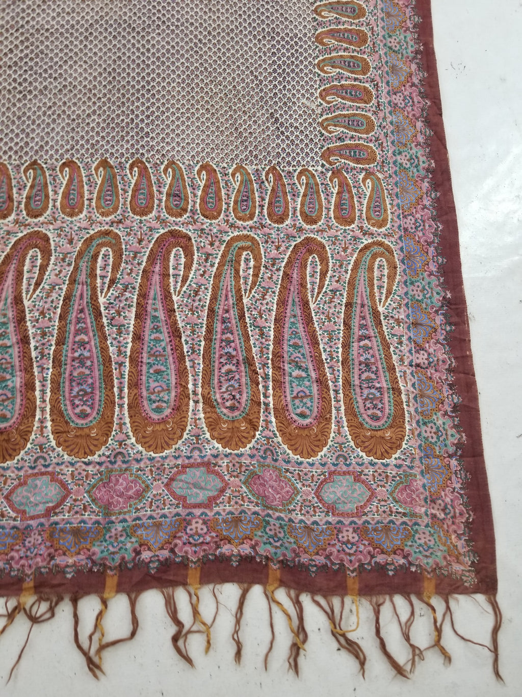Antique Traditional Kashmiri Paisley Printed Wool Shawl 313x157cm
