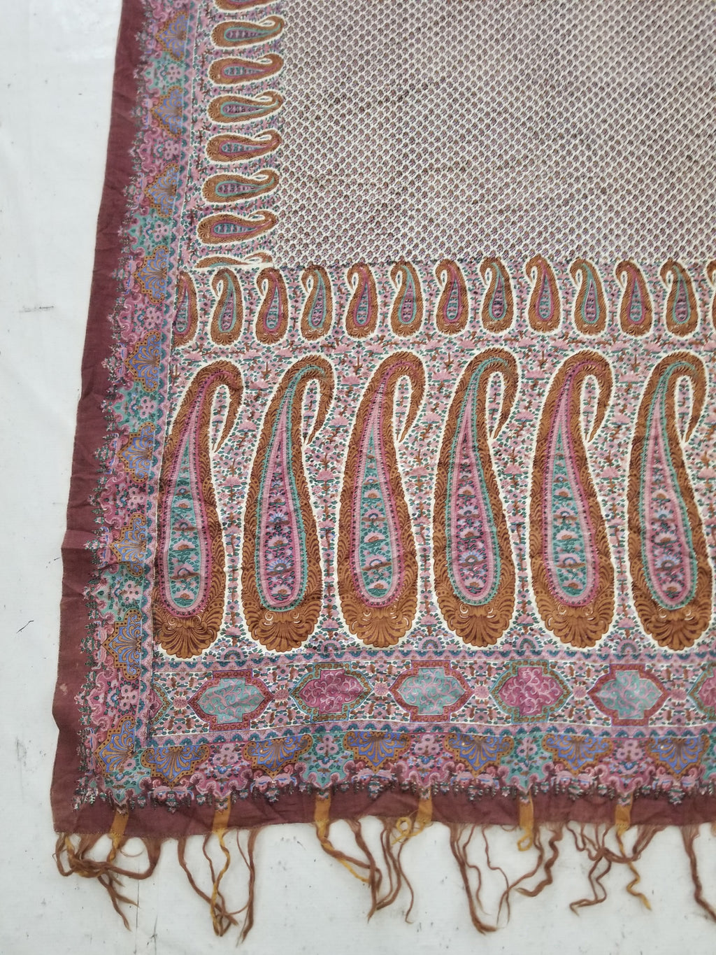 Antique Traditional Kashmiri Paisley Printed Wool Shawl 313x157cm