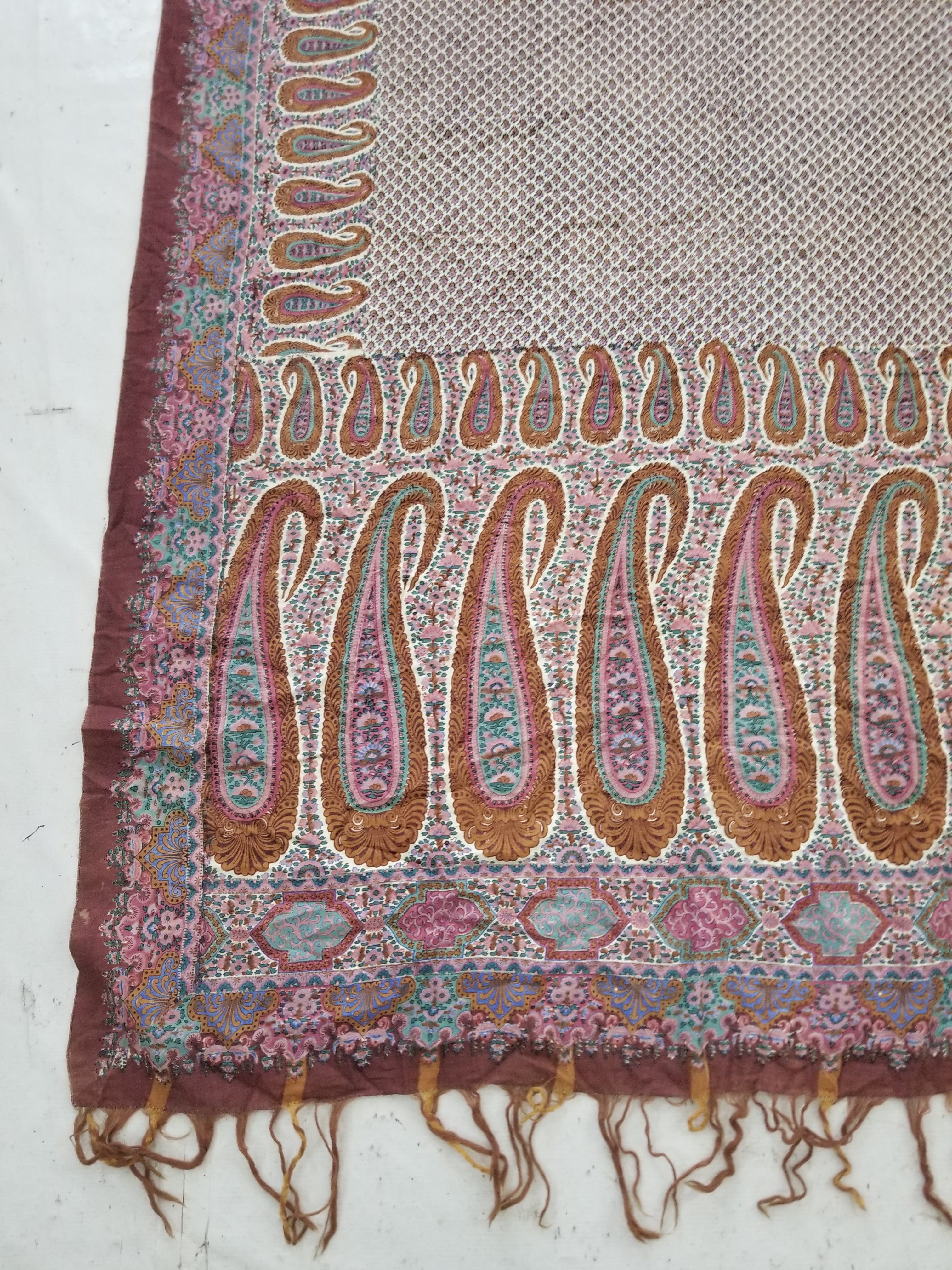Antique Traditional Kashmiri Paisley Printed Wool Shawl 313x157cm