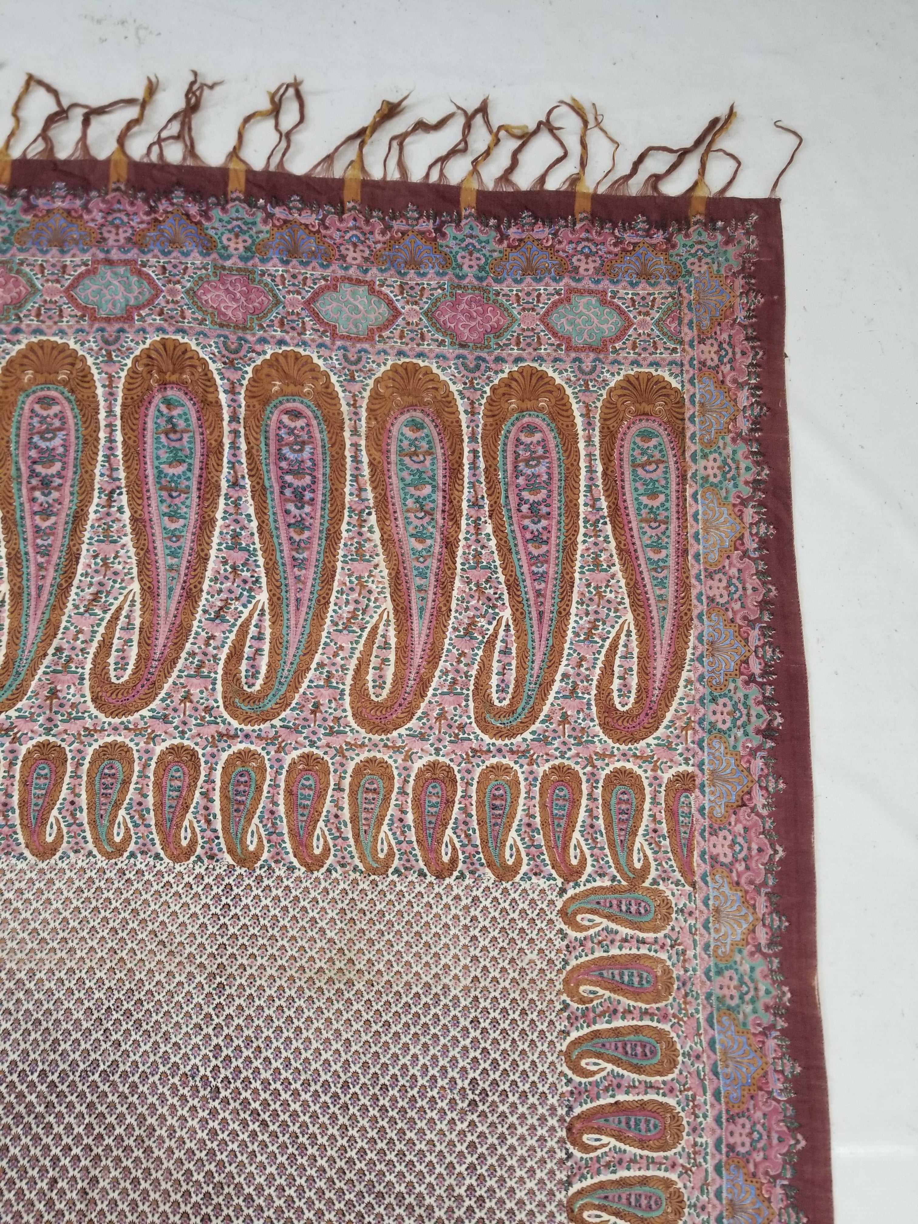 Antique Traditional Kashmiri Paisley Printed Wool Shawl 313x157cm