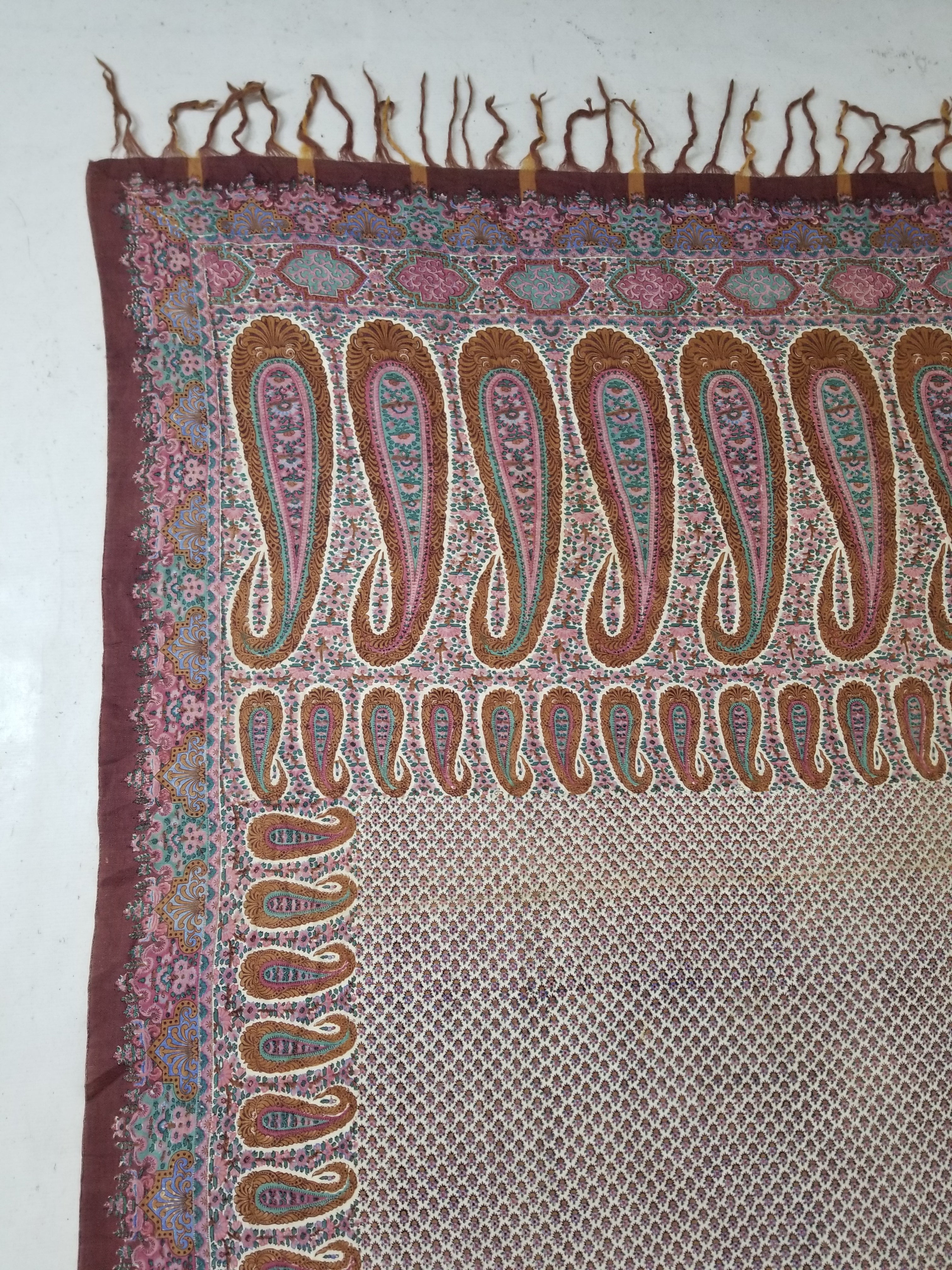 Antique Traditional Kashmiri Paisley Printed Wool Shawl 313x157cm