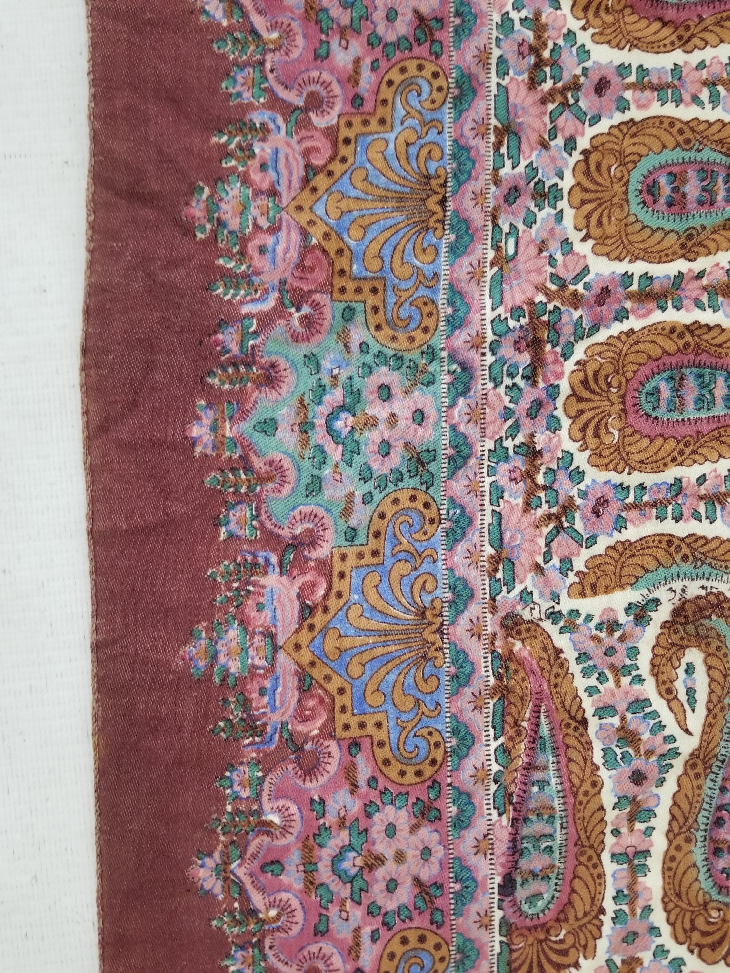 Antique Traditional Kashmiri Paisley Printed Wool Shawl 313x157cm