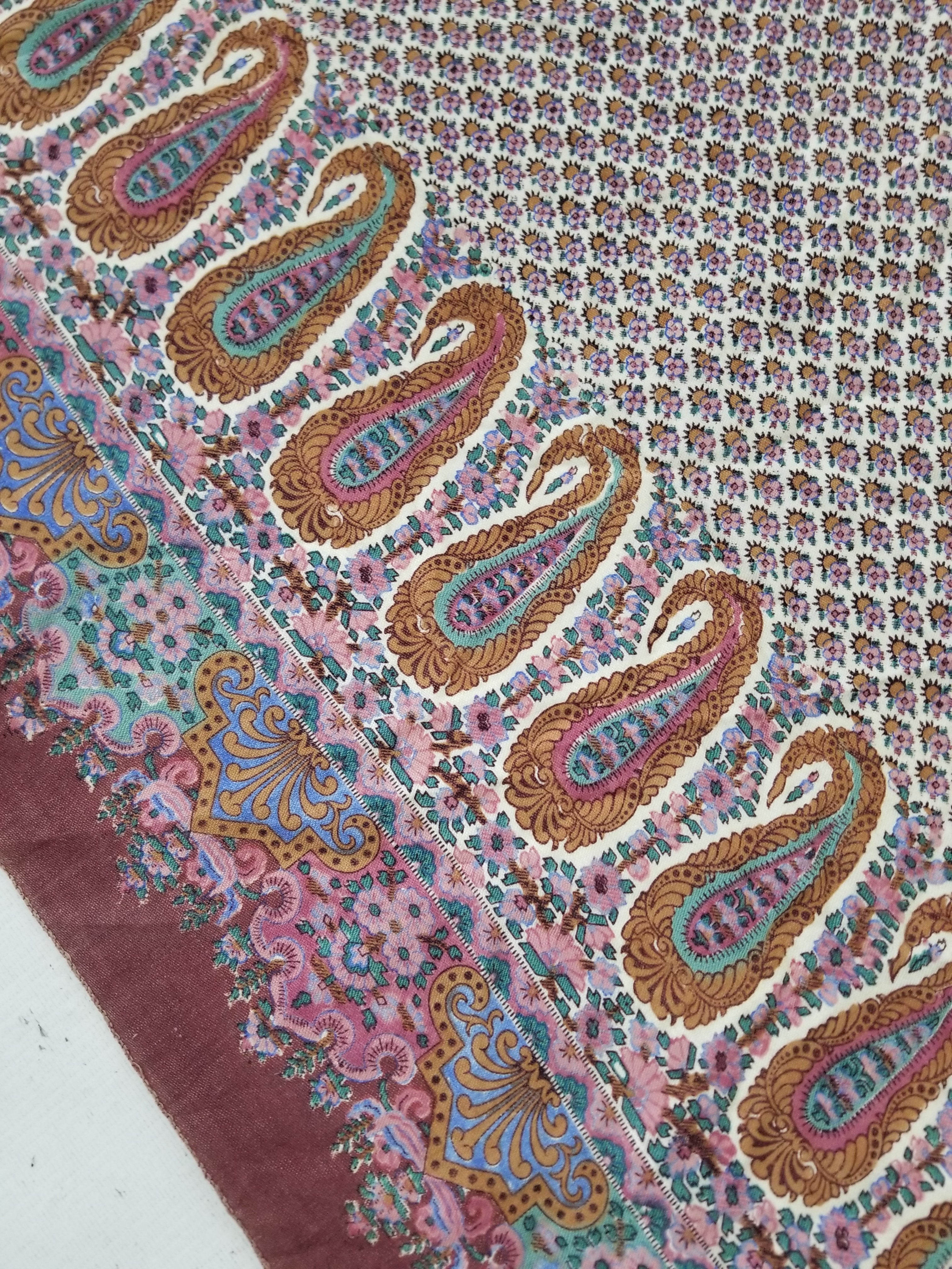 Antique Traditional Kashmiri Paisley Printed Wool Shawl 313x157cm