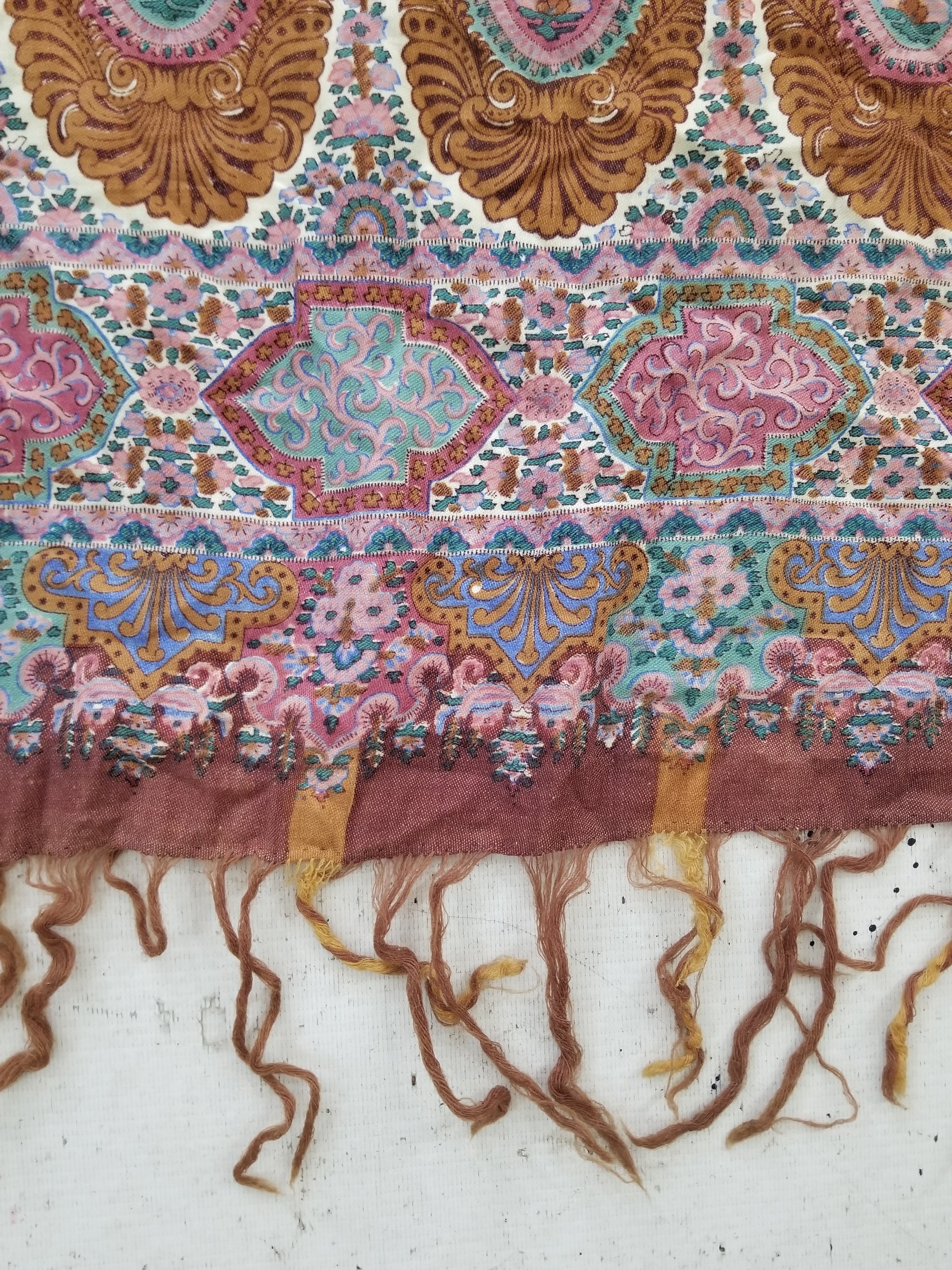 Antique Traditional Kashmiri Paisley Printed Wool Shawl 313x157cm