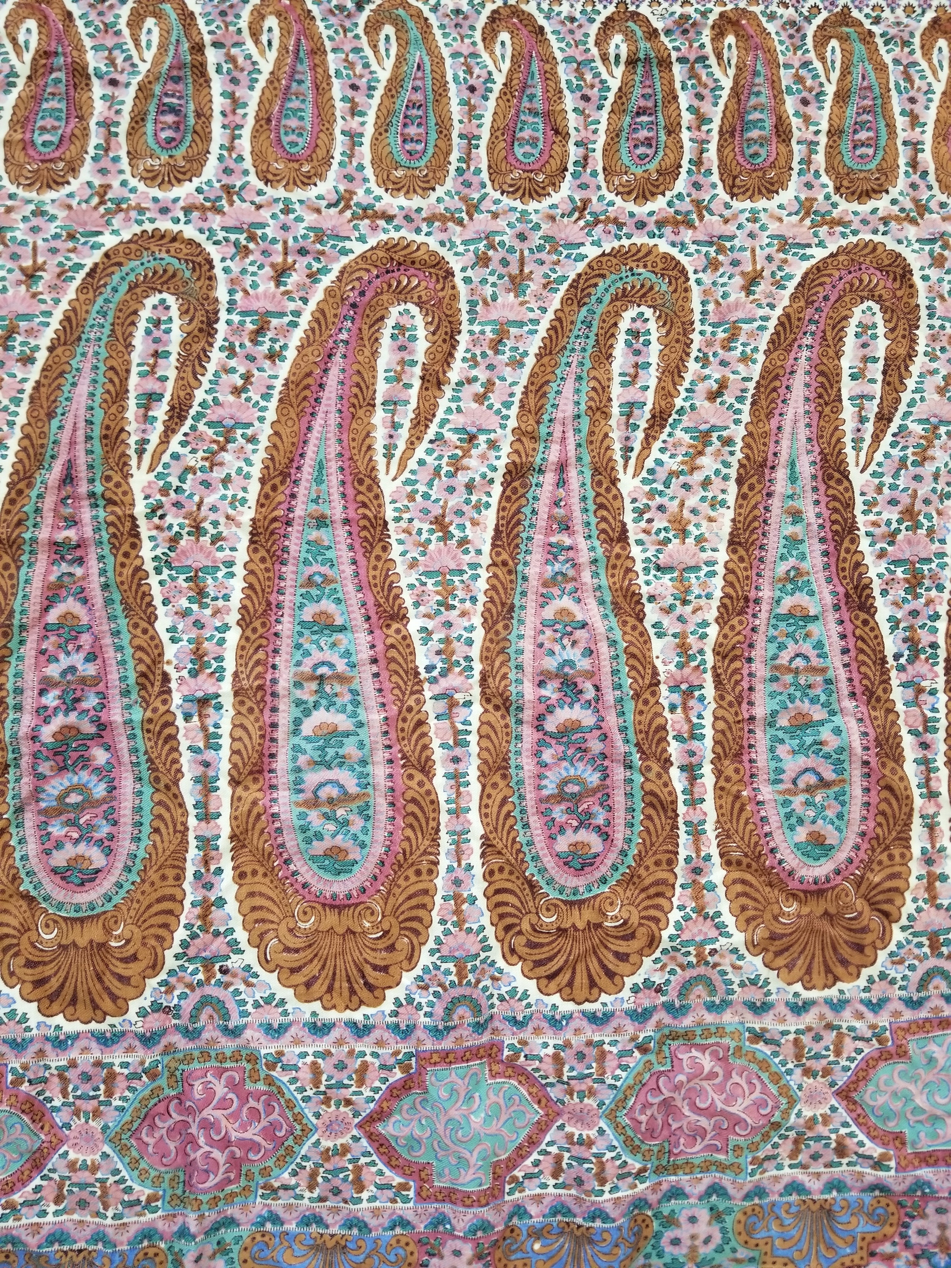 Antique Traditional Kashmiri Paisley Printed Wool Shawl 313x157cm