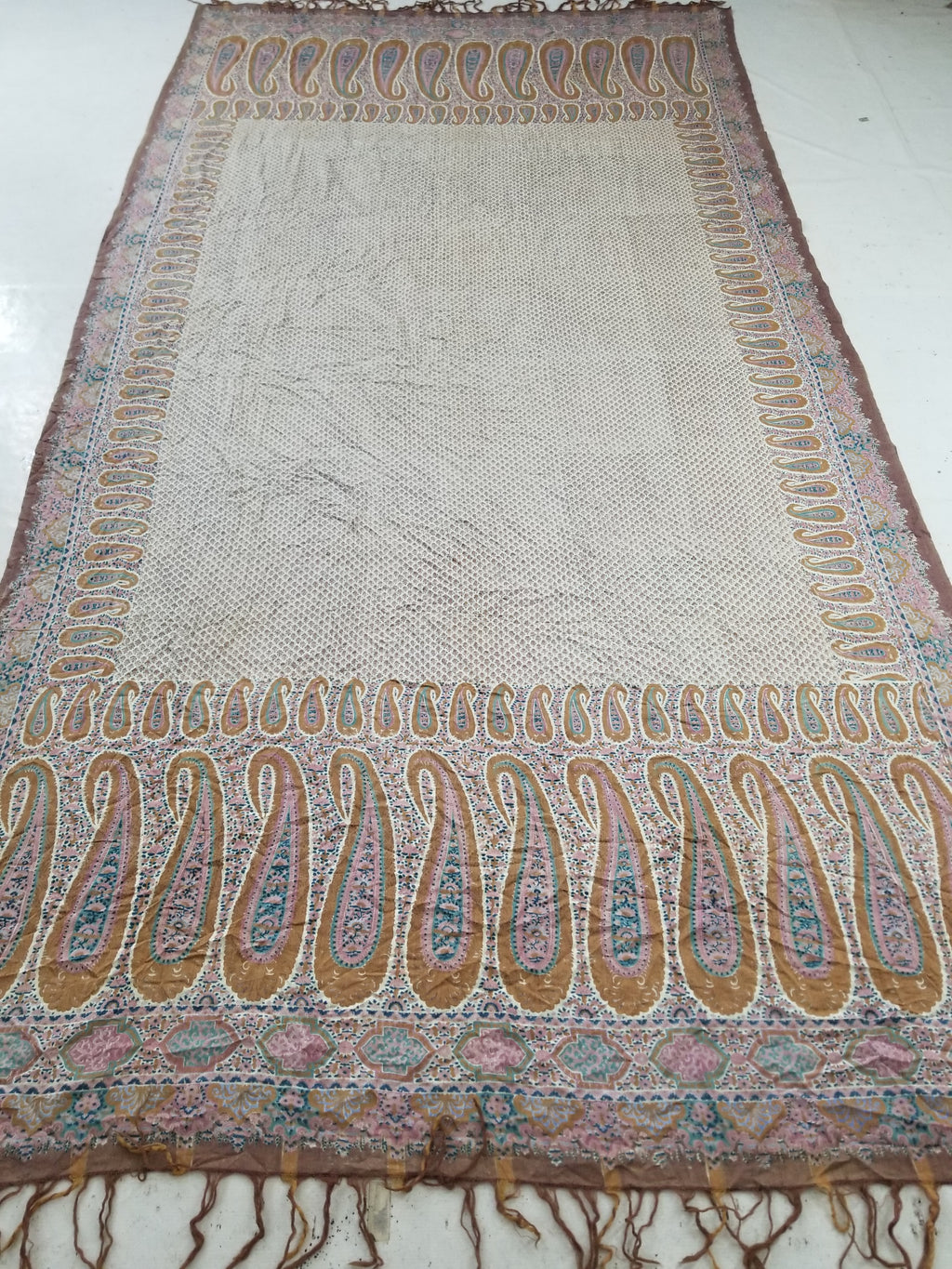 Antique Traditional Kashmiri Paisley Printed Wool Shawl 313x157cm