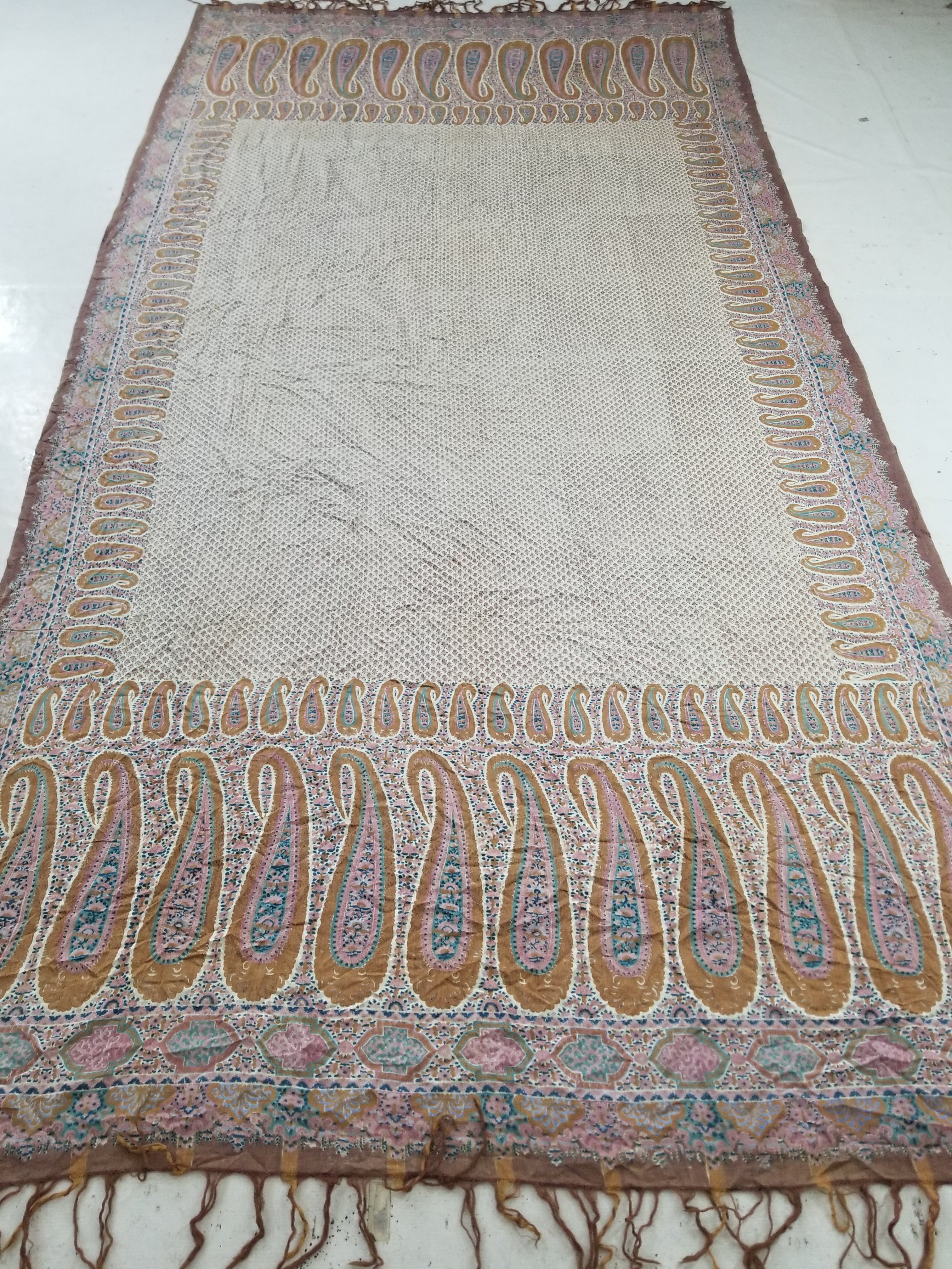 Antique Traditional Kashmiri Paisley Printed Wool Shawl 313x157cm