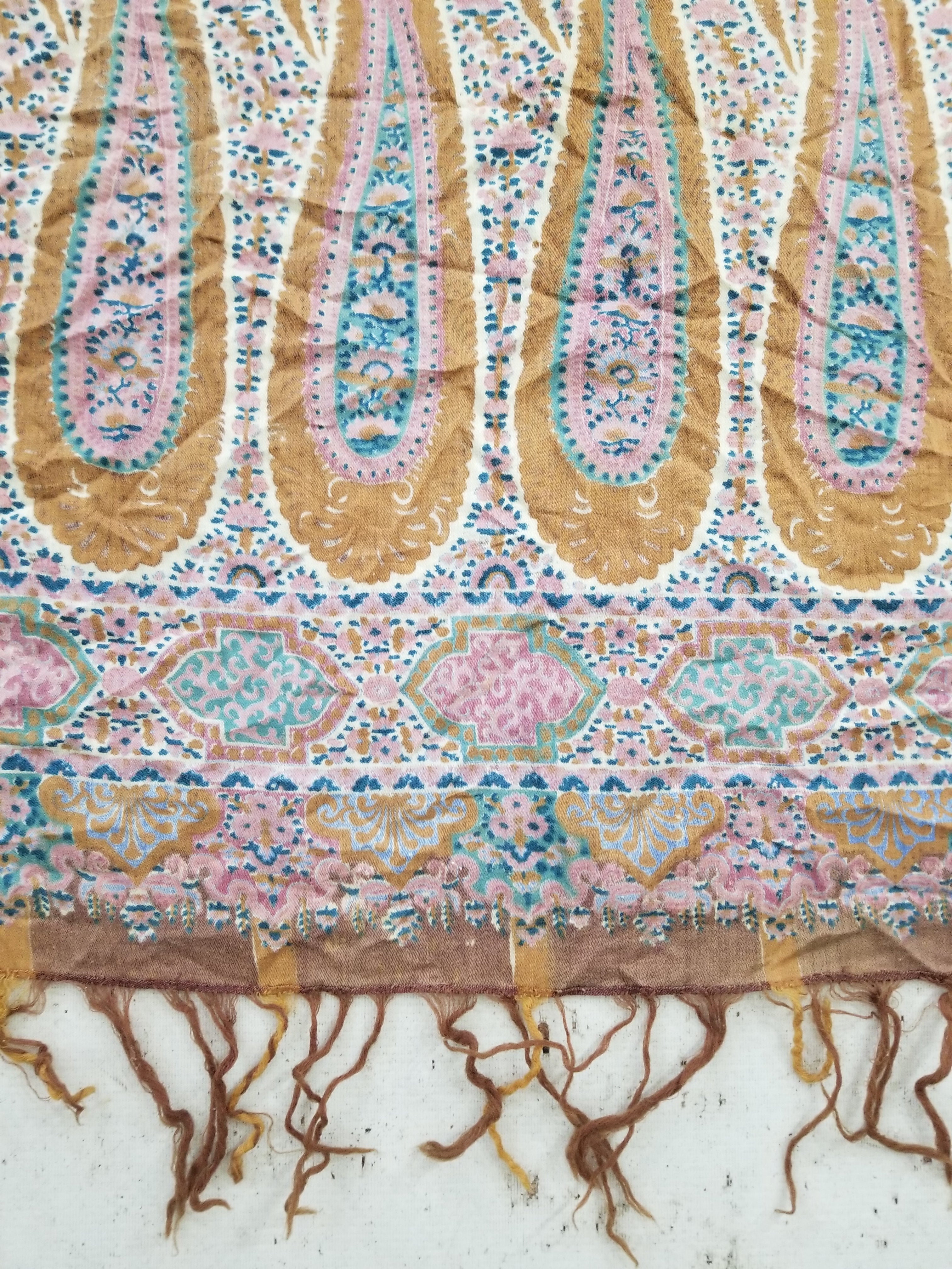 Antique Traditional Kashmiri Paisley Printed Wool Shawl 313x157cm