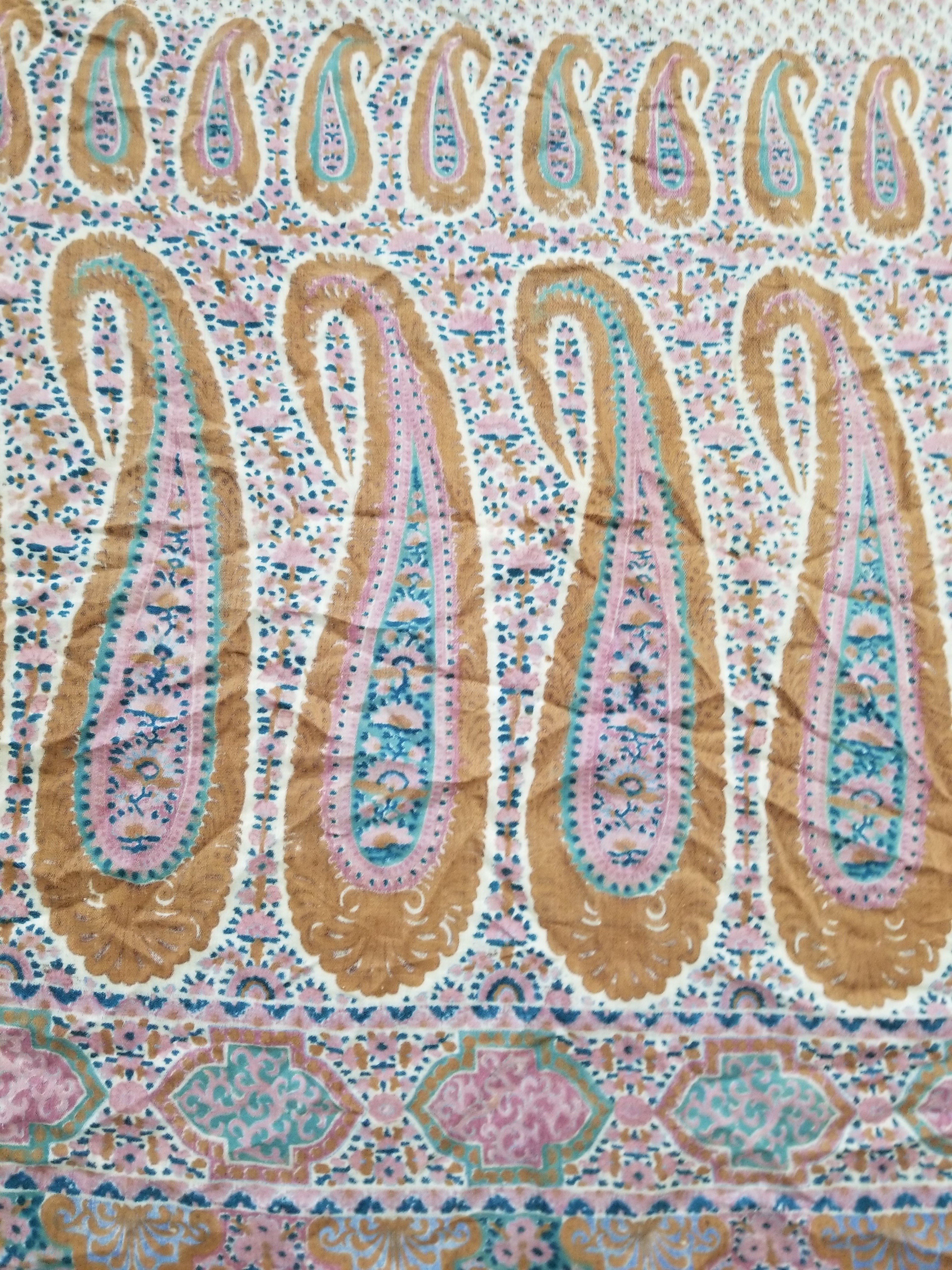 Antique Traditional Kashmiri Paisley Printed Wool Shawl 313x157cm