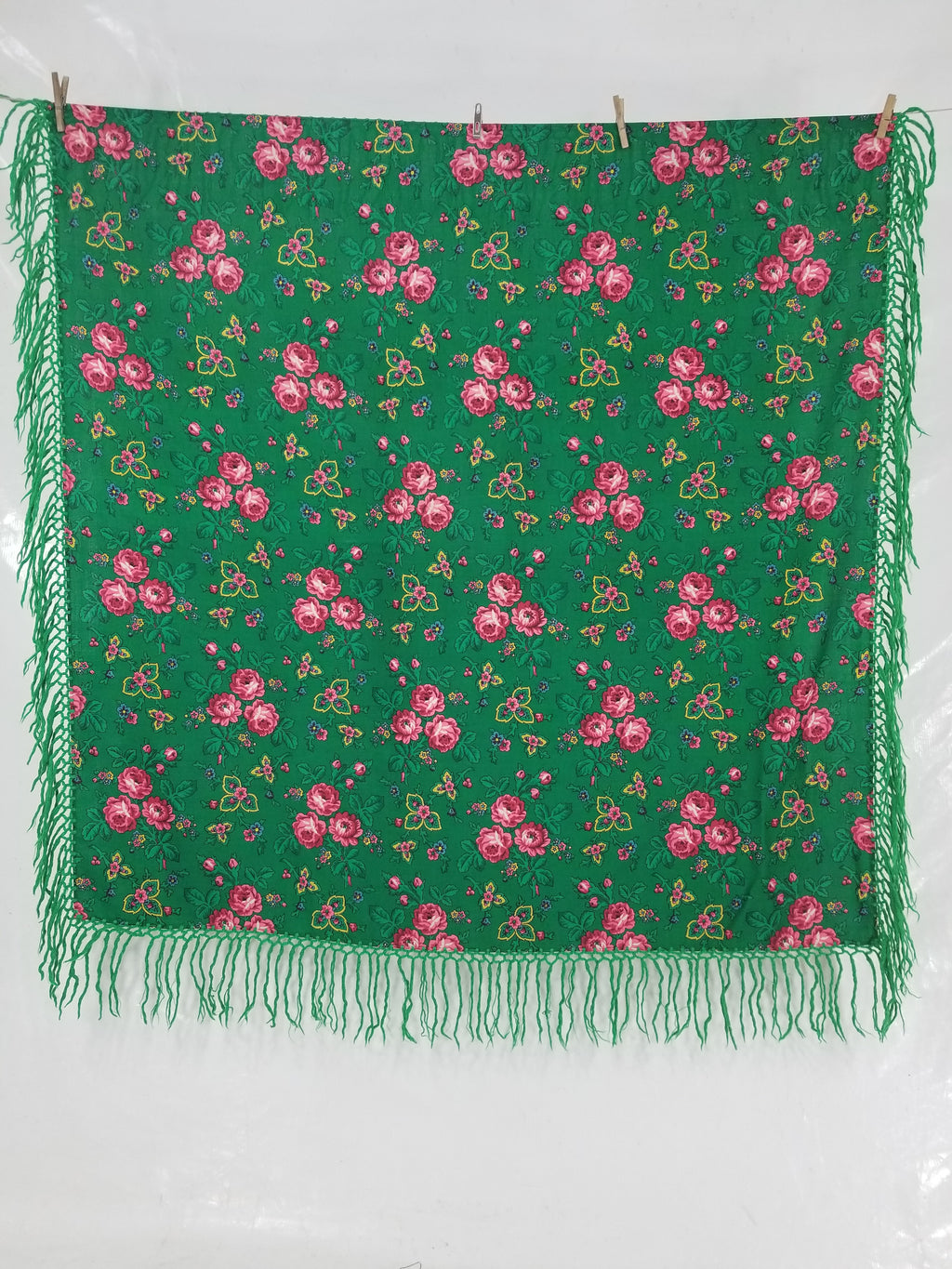 Vintage Hungarian Floral Printed Wool Fringed Shawl / Scarf 120x120cm
