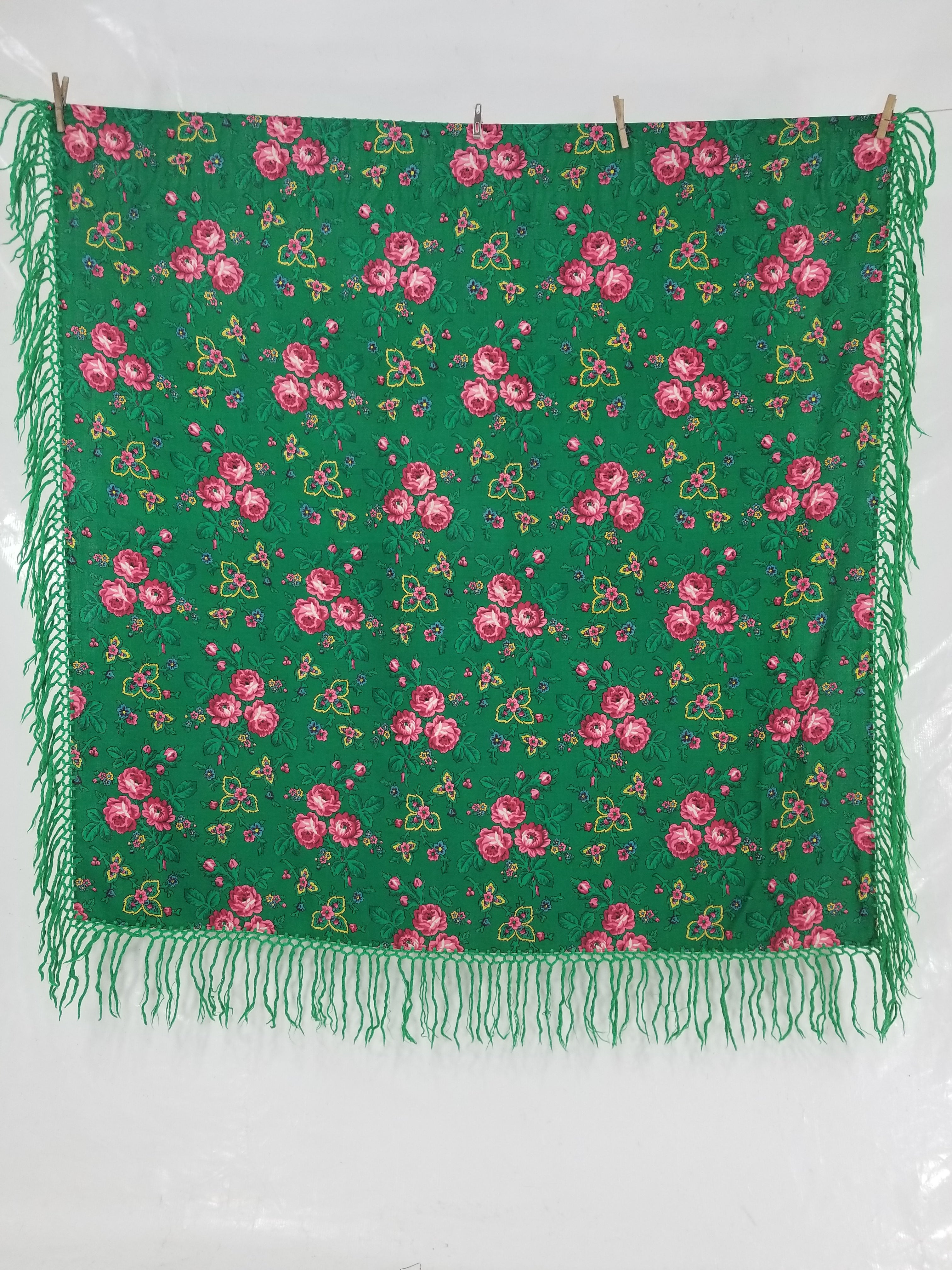 Vintage Hungarian Floral Printed Wool Fringed Shawl / Scarf 120x120cm