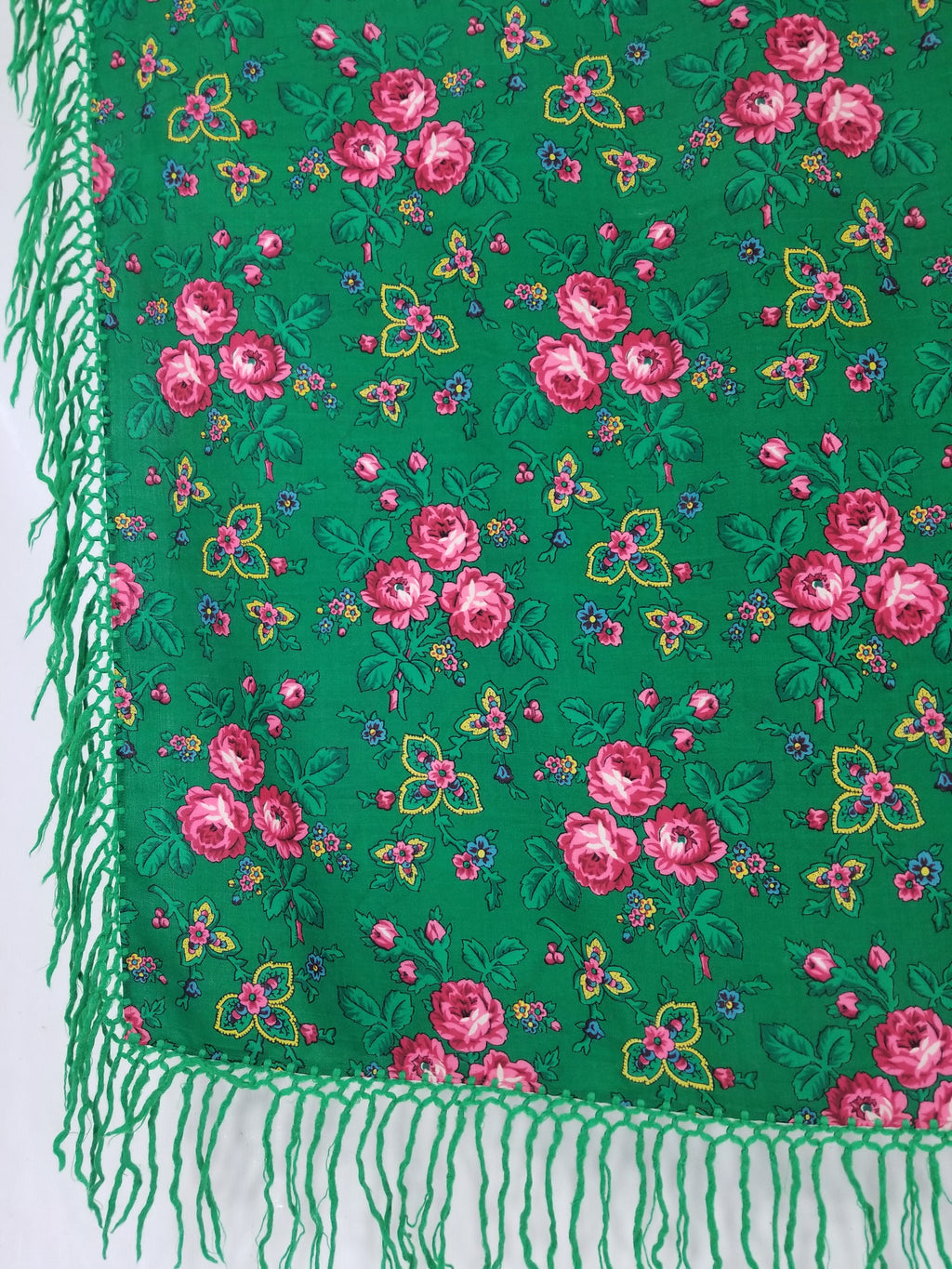 Vintage Hungarian Floral Printed Wool Fringed Shawl / Scarf 120x120cm