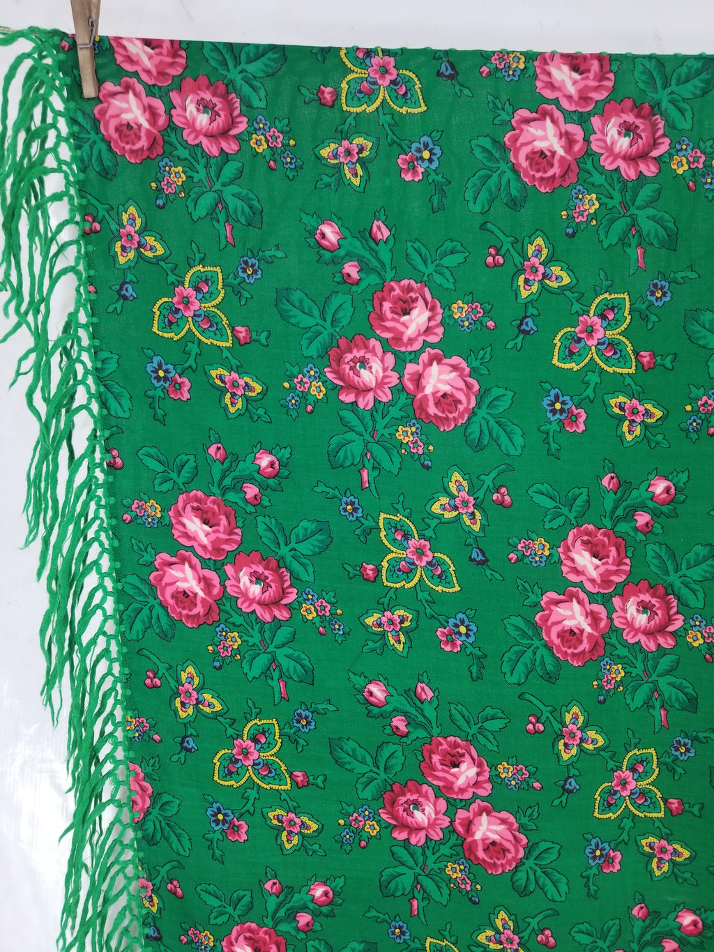 Vintage Hungarian Floral Printed Wool Fringed Shawl / Scarf 120x120cm