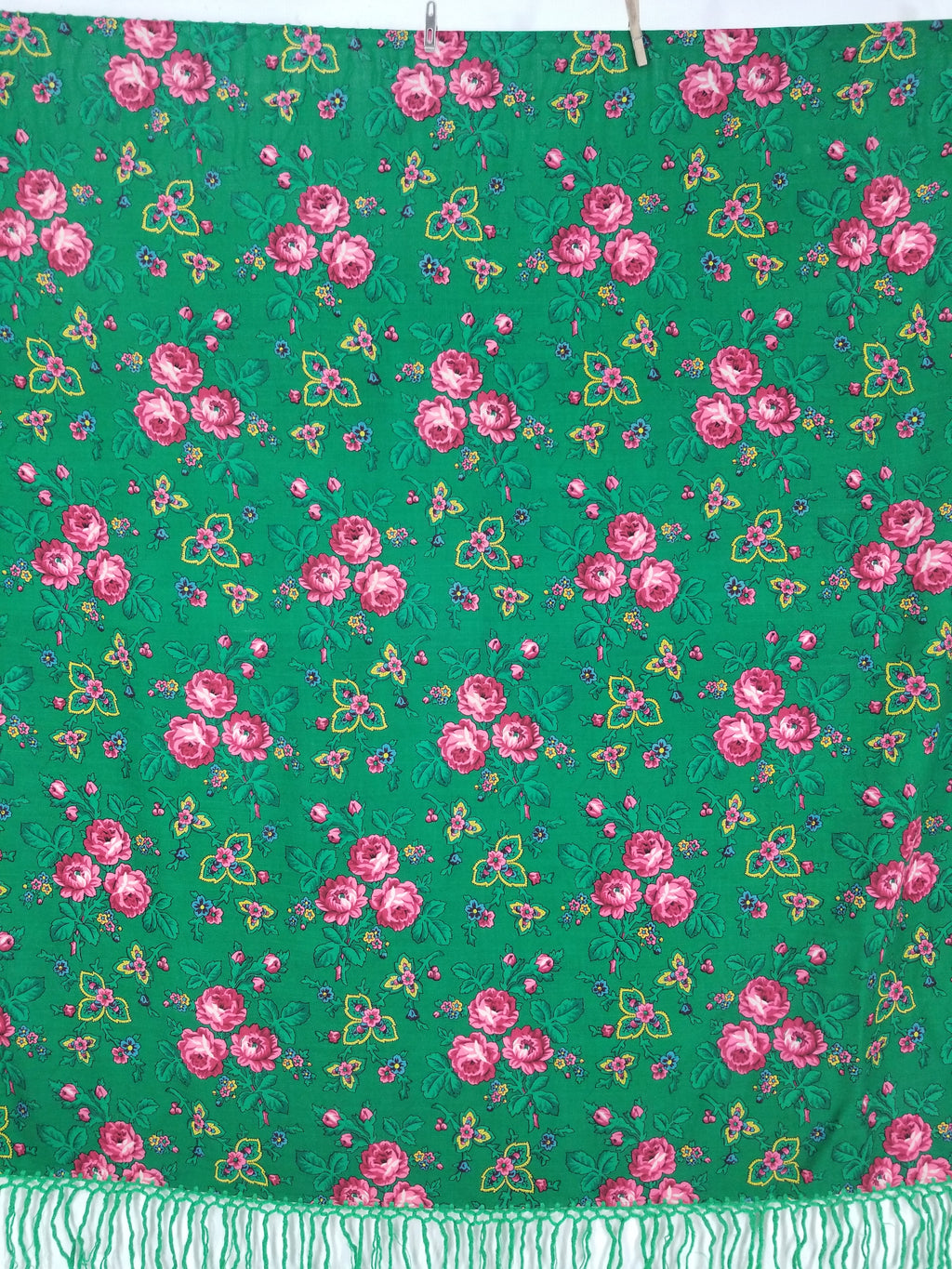 Vintage Hungarian Floral Printed Wool Fringed Shawl / Scarf 120x120cm