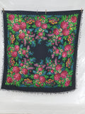 Vintage Ukrainian Pavlovo Posad Floral Printed Wool Fringed Shawl 145x138cm