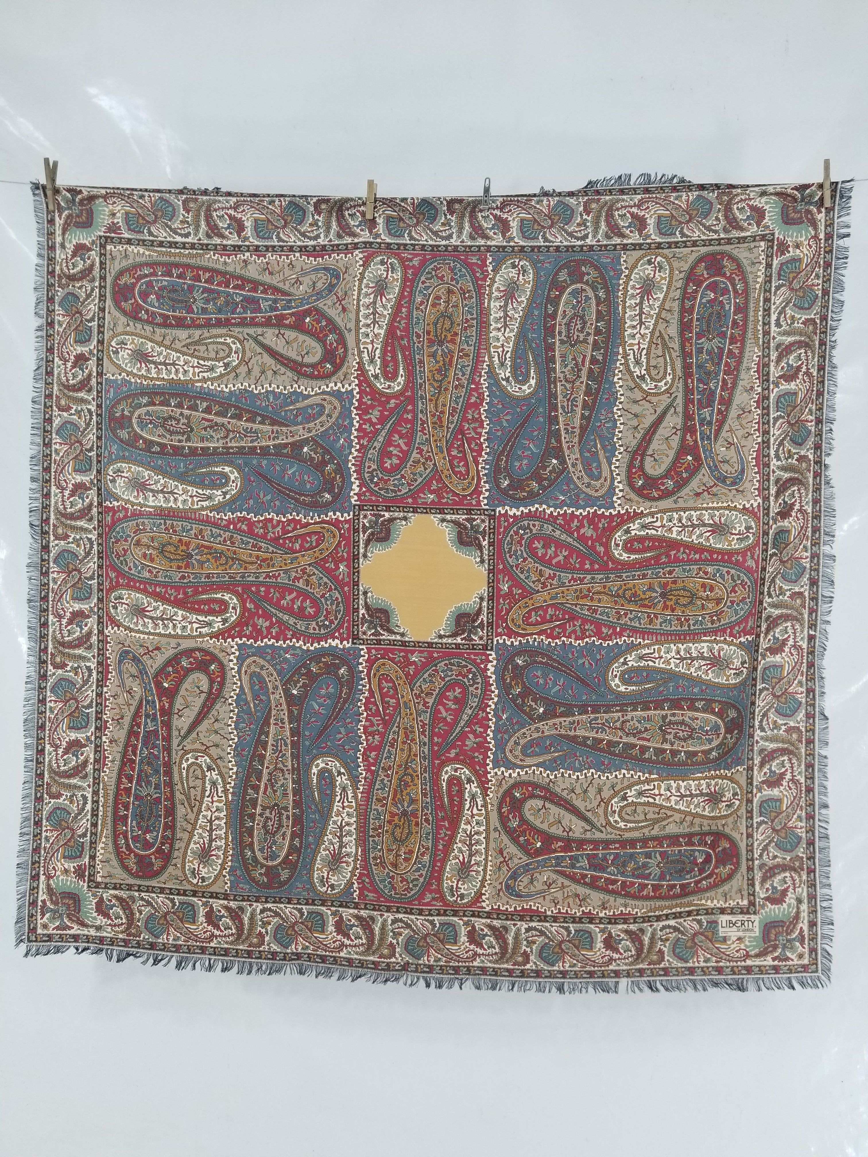 Vintage Traditional Kashmiri Paisley Printed Wool Fringed Shawl 125x123cm