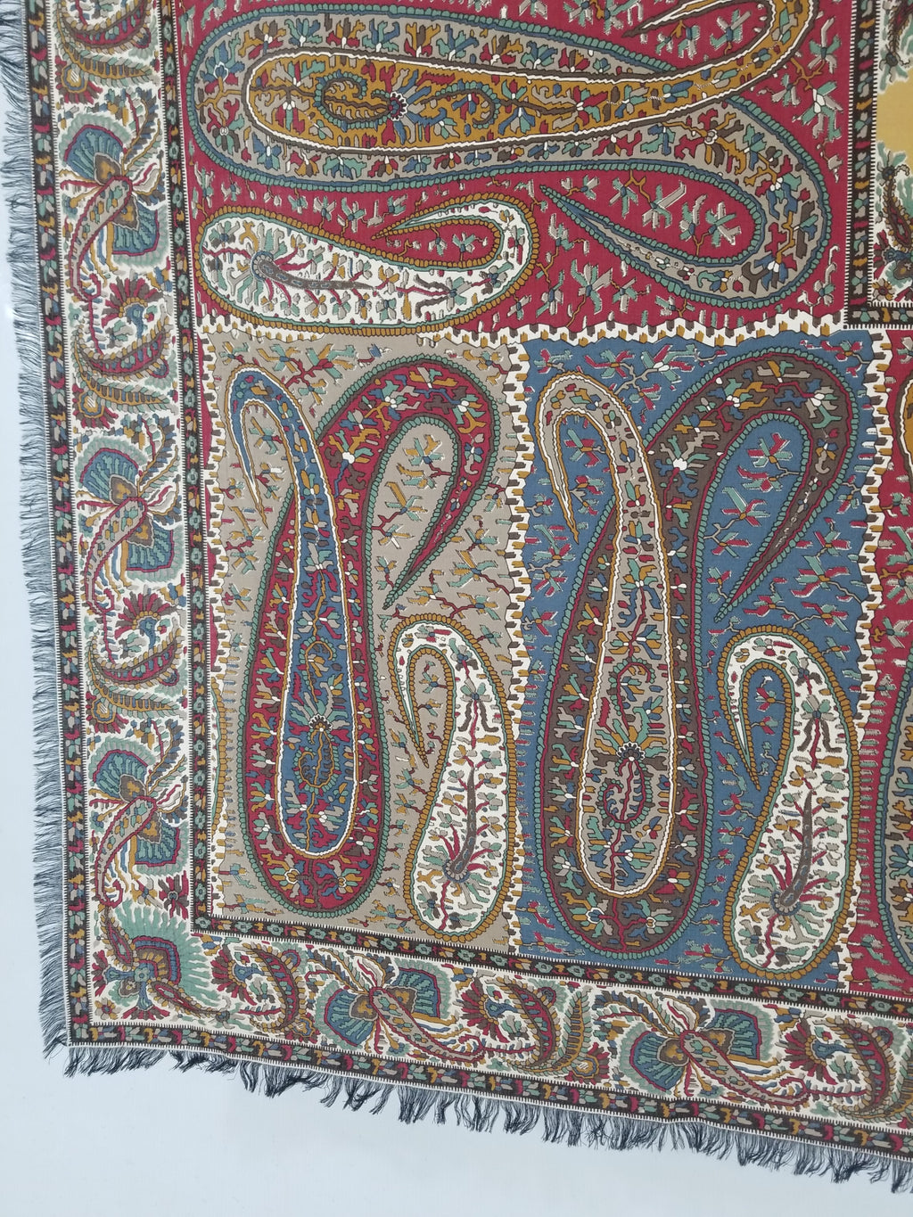 Vintage Traditional Kashmiri Paisley Printed Wool Fringed Shawl 125x123cm