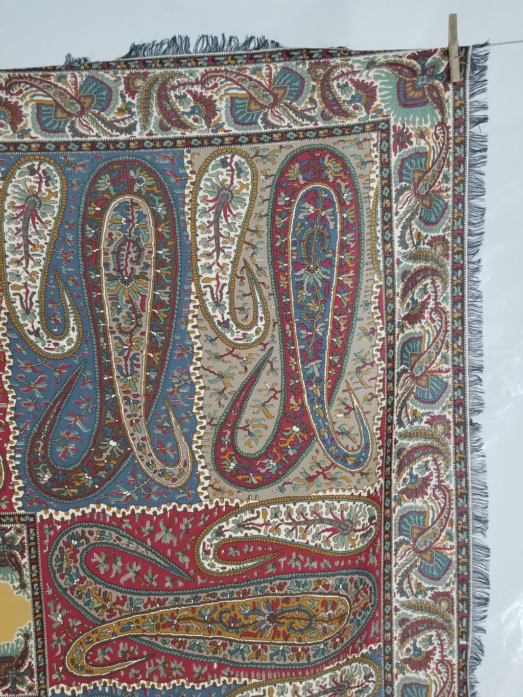 Vintage Traditional Kashmiri Paisley Printed Wool Fringed Shawl 125x123cm