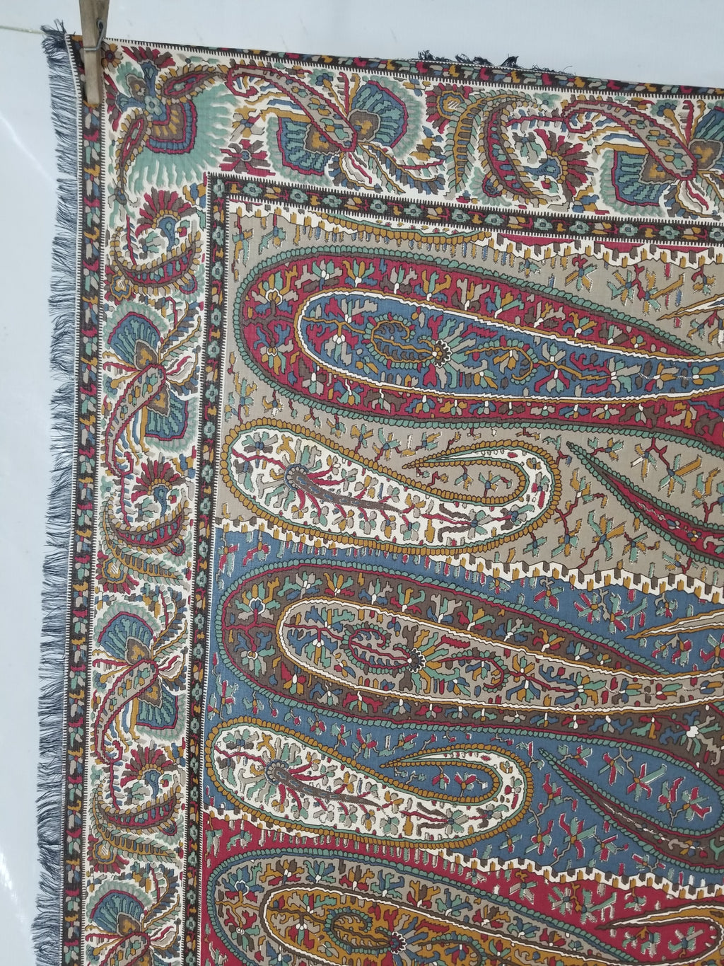 Vintage Traditional Kashmiri Paisley Printed Wool Fringed Shawl 125x123cm