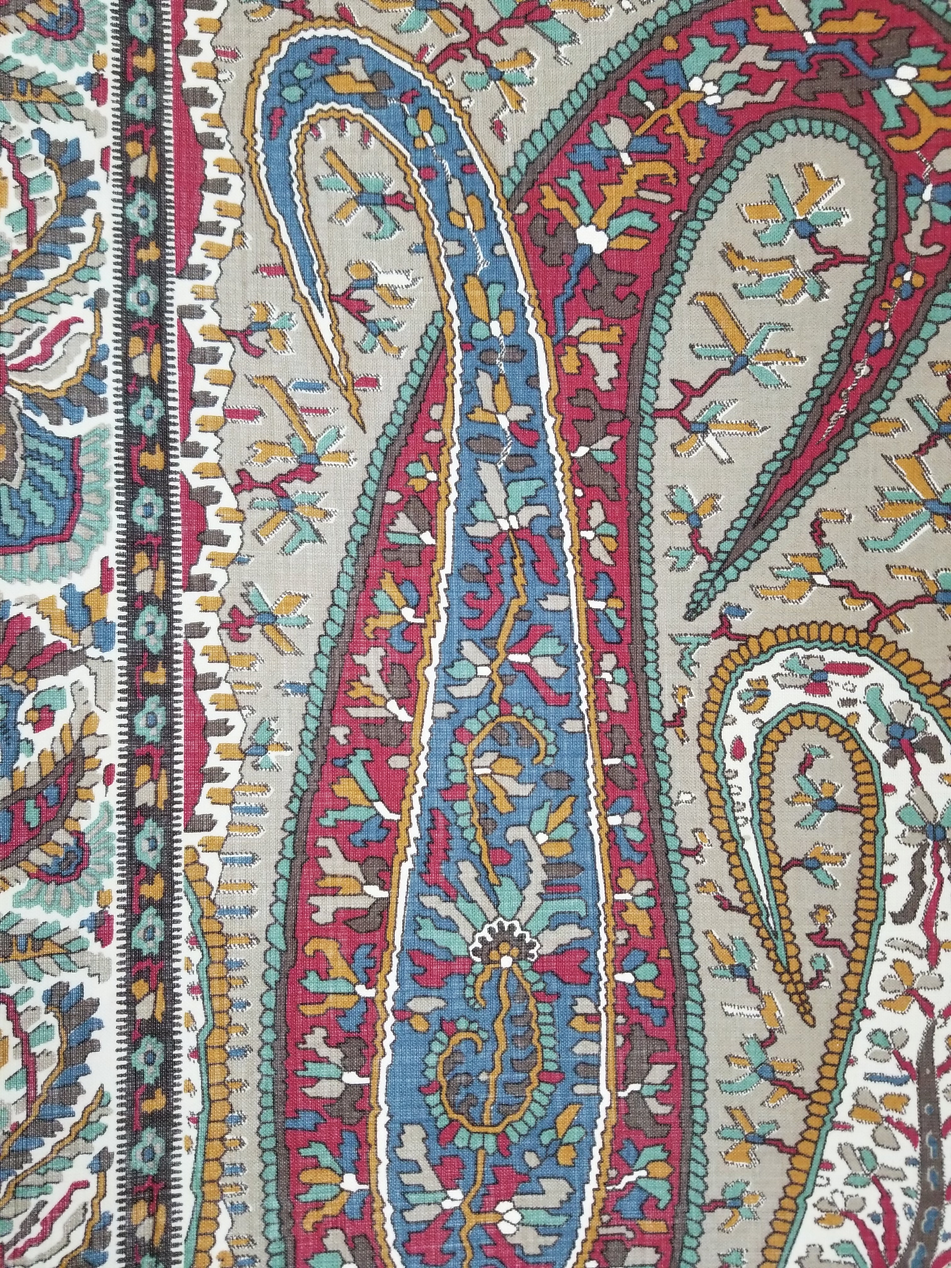 Vintage Traditional Kashmiri Paisley Printed Wool Fringed Shawl 125x123cm