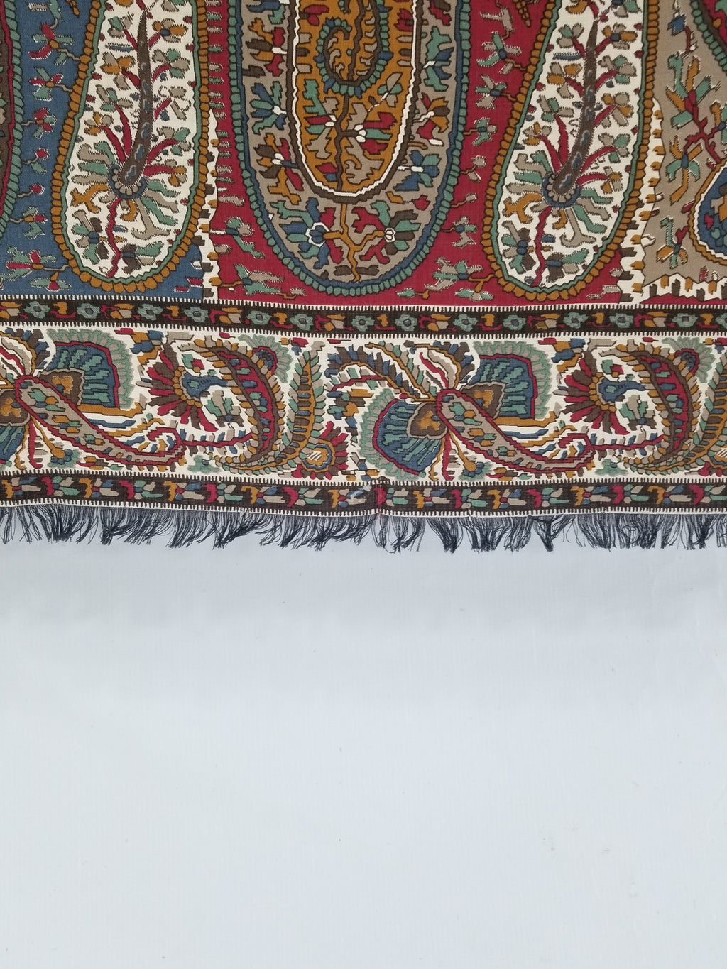 Vintage Traditional Kashmiri Paisley Printed Wool Fringed Shawl 125x123cm