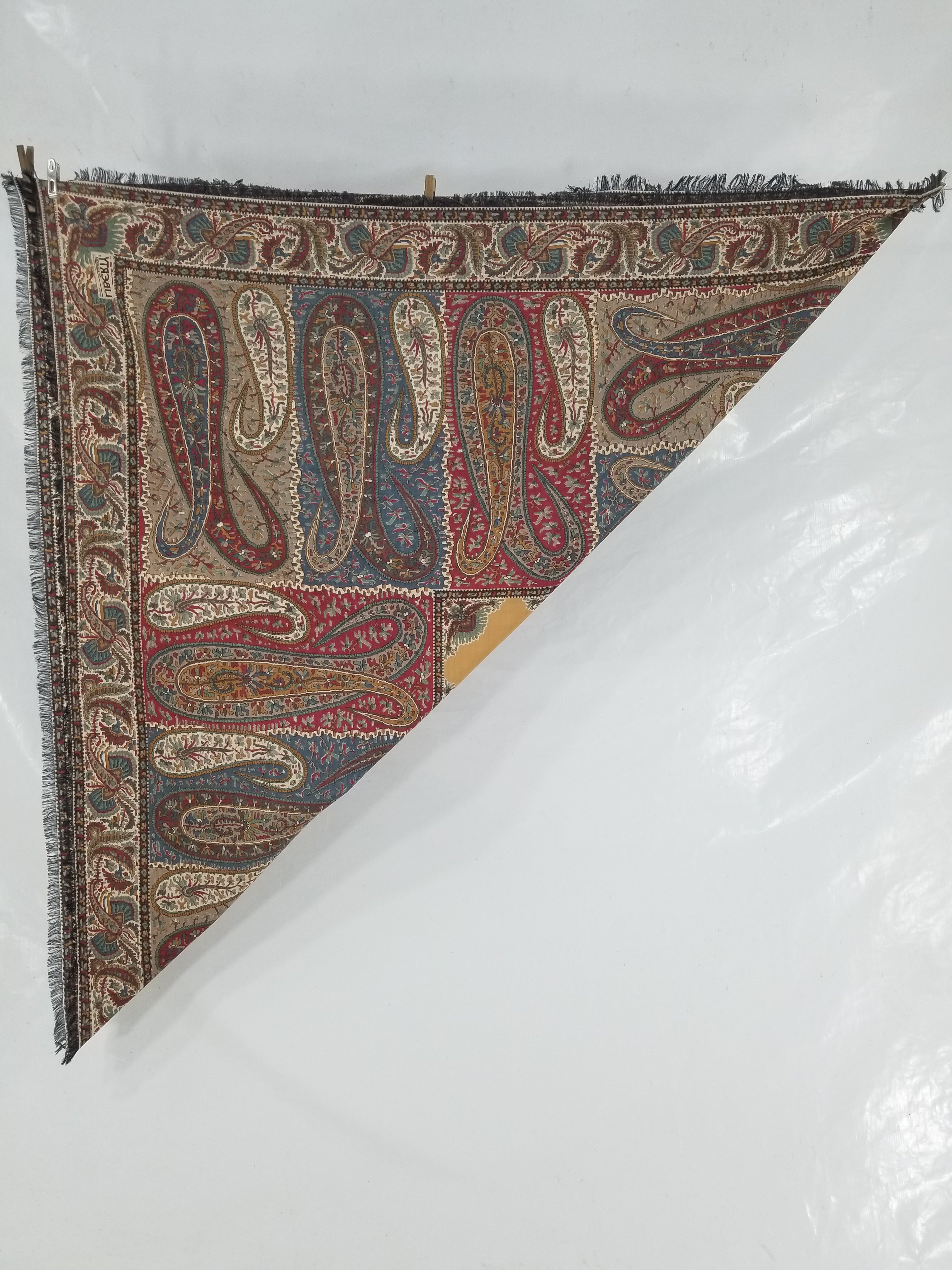 Vintage Traditional Kashmiri Paisley Printed Wool Fringed Shawl 125x123cm