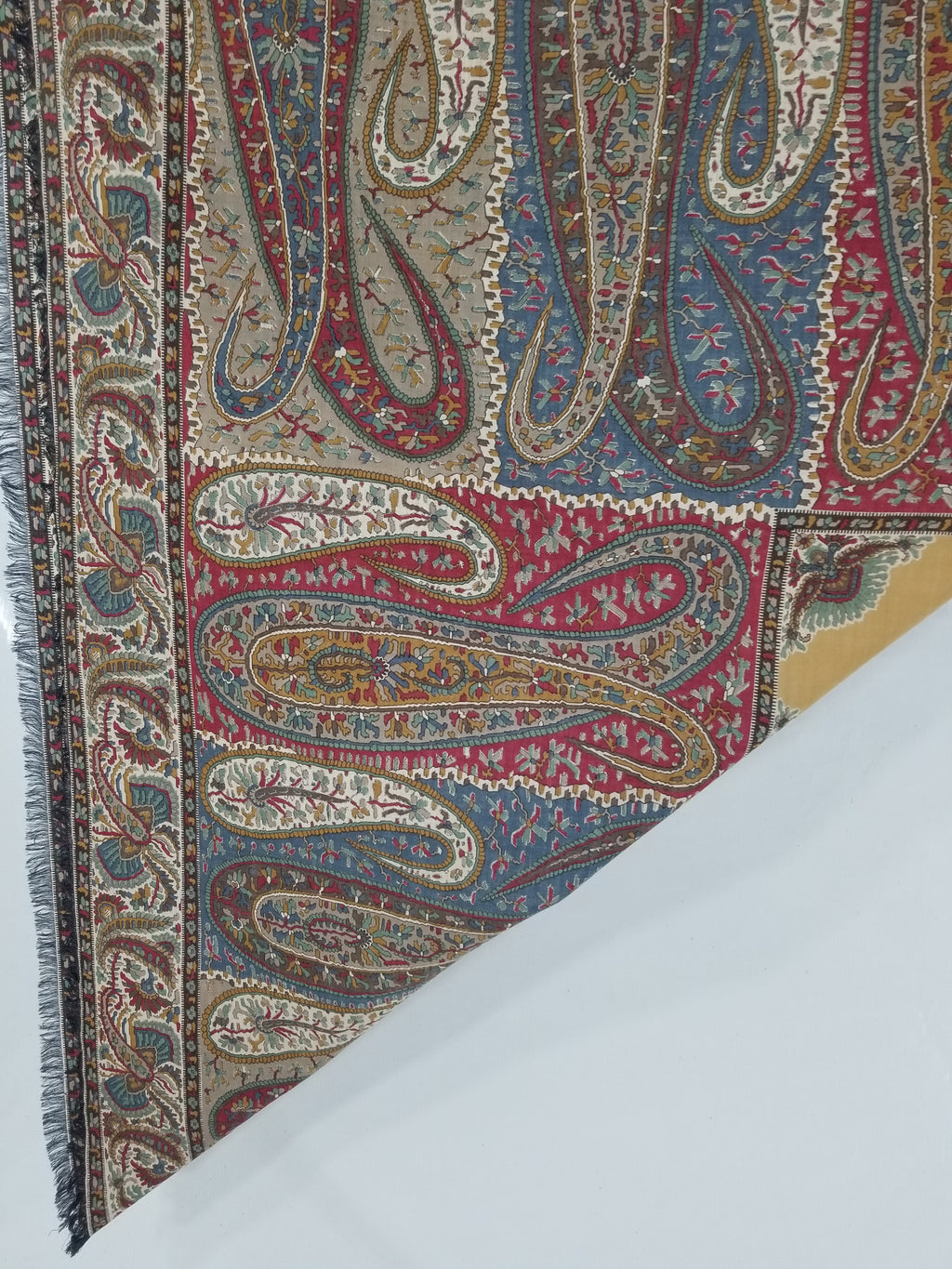 Vintage Traditional Kashmiri Paisley Printed Wool Fringed Shawl 125x123cm