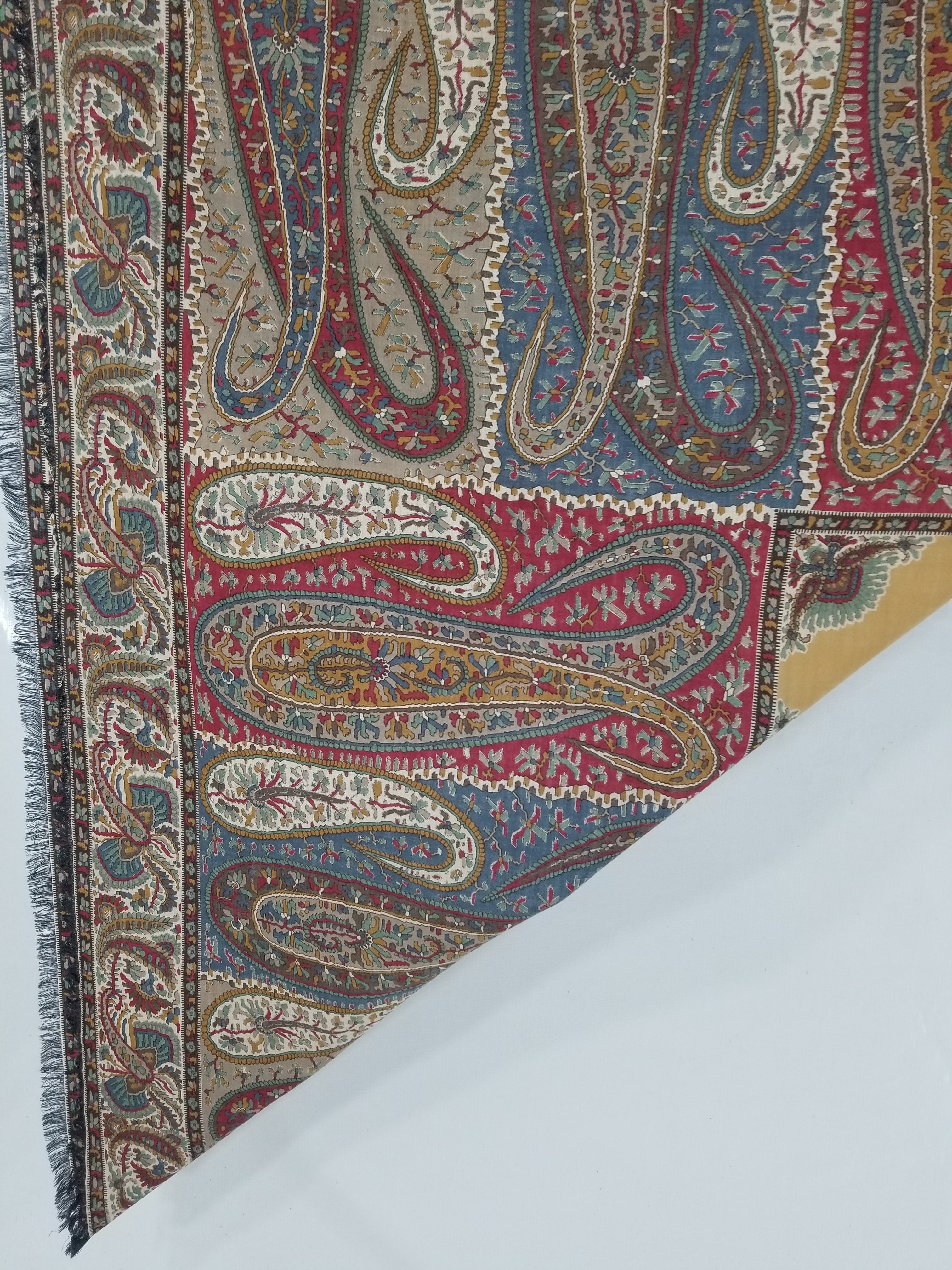 Vintage Traditional Kashmiri Paisley Printed Wool Fringed Shawl 125x123cm
