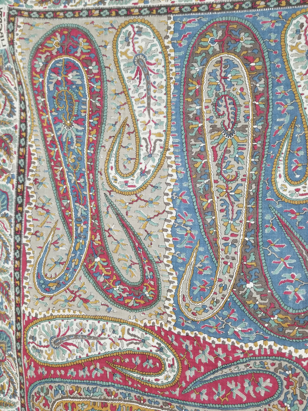 Vintage Traditional Kashmiri Paisley Printed Wool Fringed Shawl 125x123cm