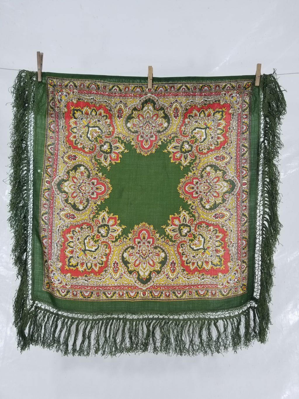Vintage Traditional Printed Wool Fringed Russian Shawl 65x64cm