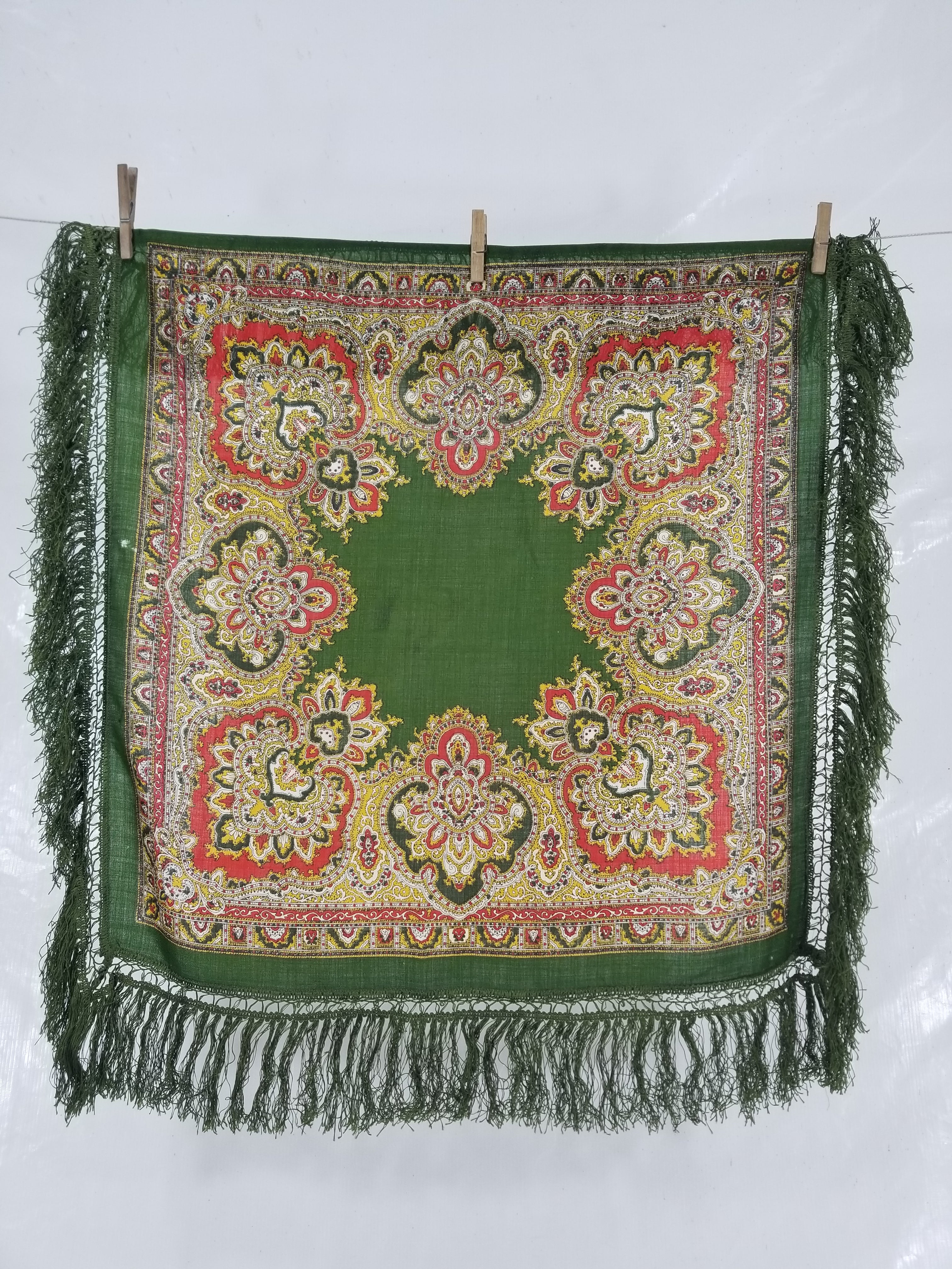 Vintage Traditional Printed Wool Fringed Russian Shawl 65x64cm