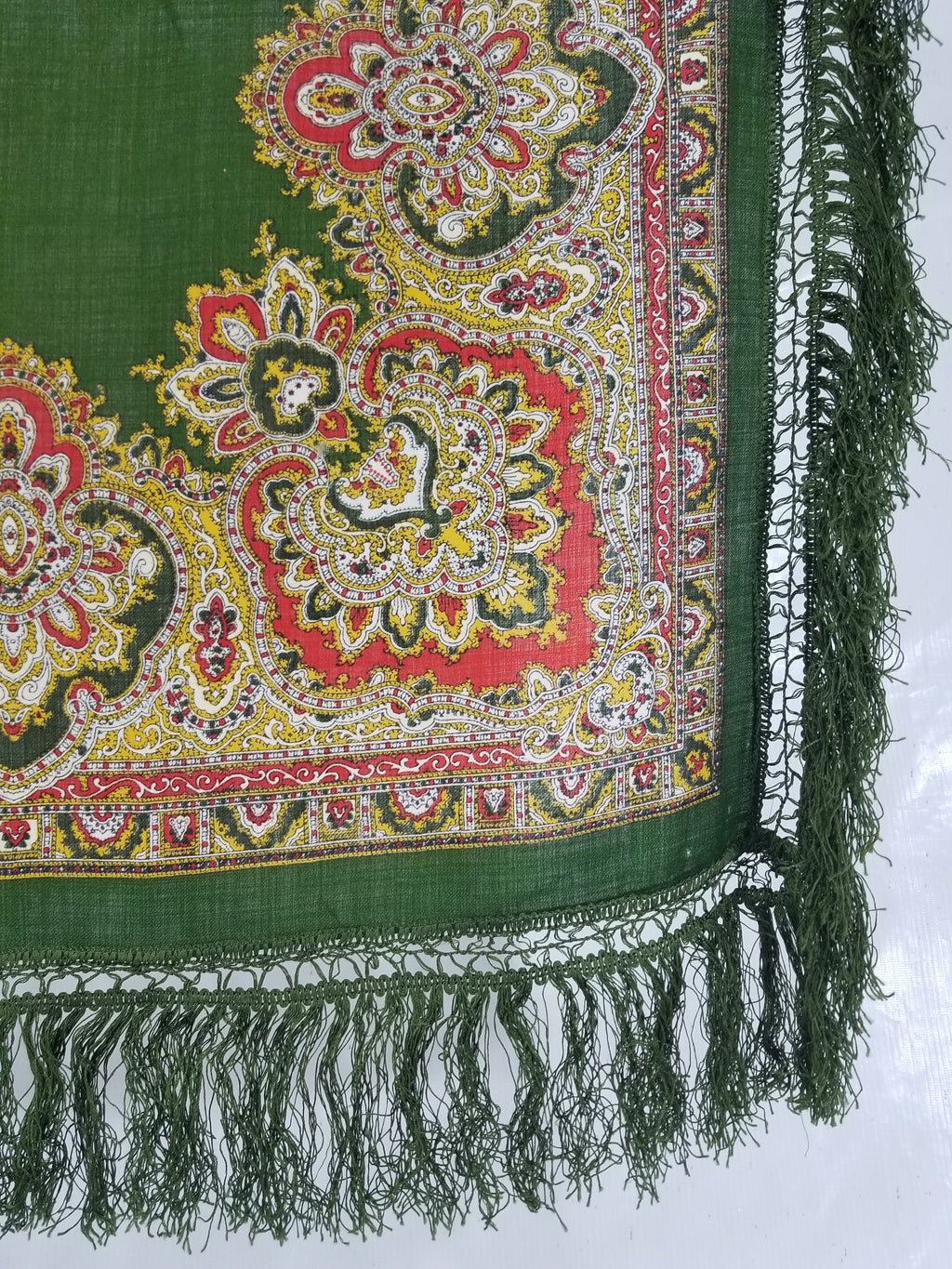 Vintage Traditional Printed Wool Fringed Russian Shawl 65x64cm