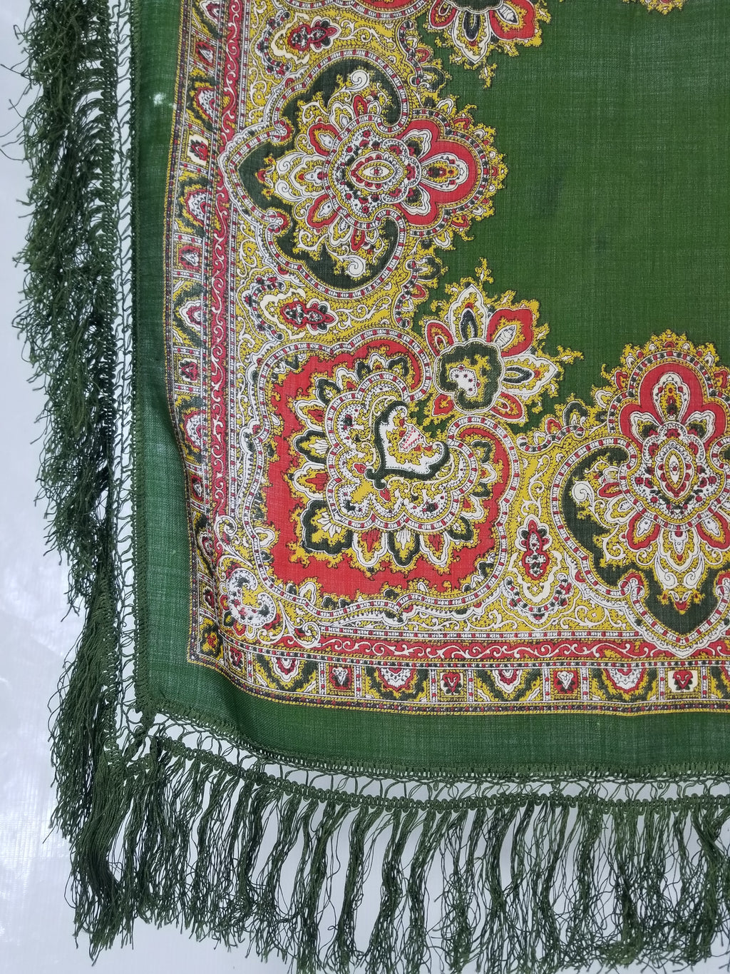 Vintage Traditional Printed Wool Fringed Russian Shawl 65x64cm