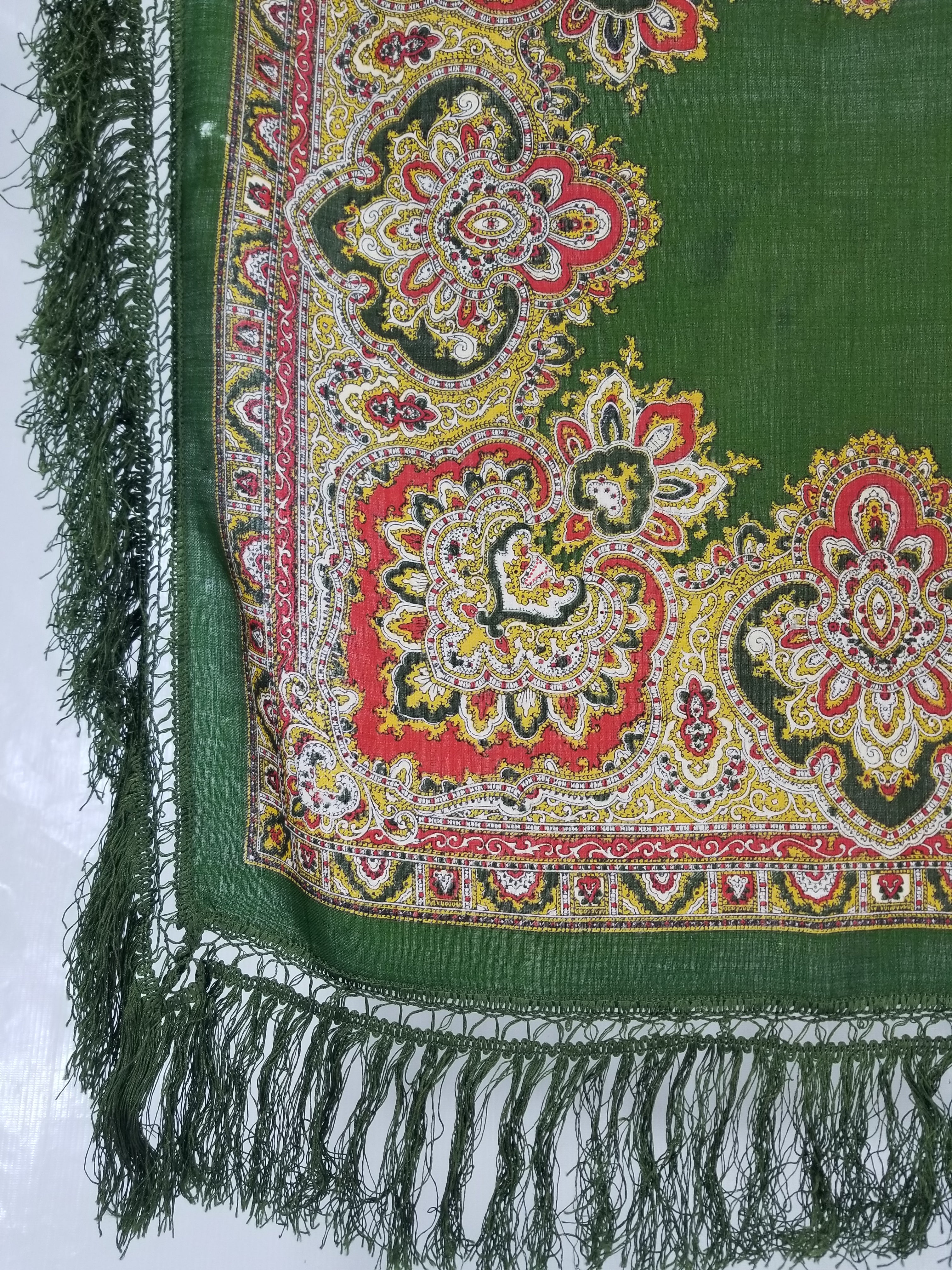 Vintage Traditional Printed Wool Fringed Russian Shawl 65x64cm