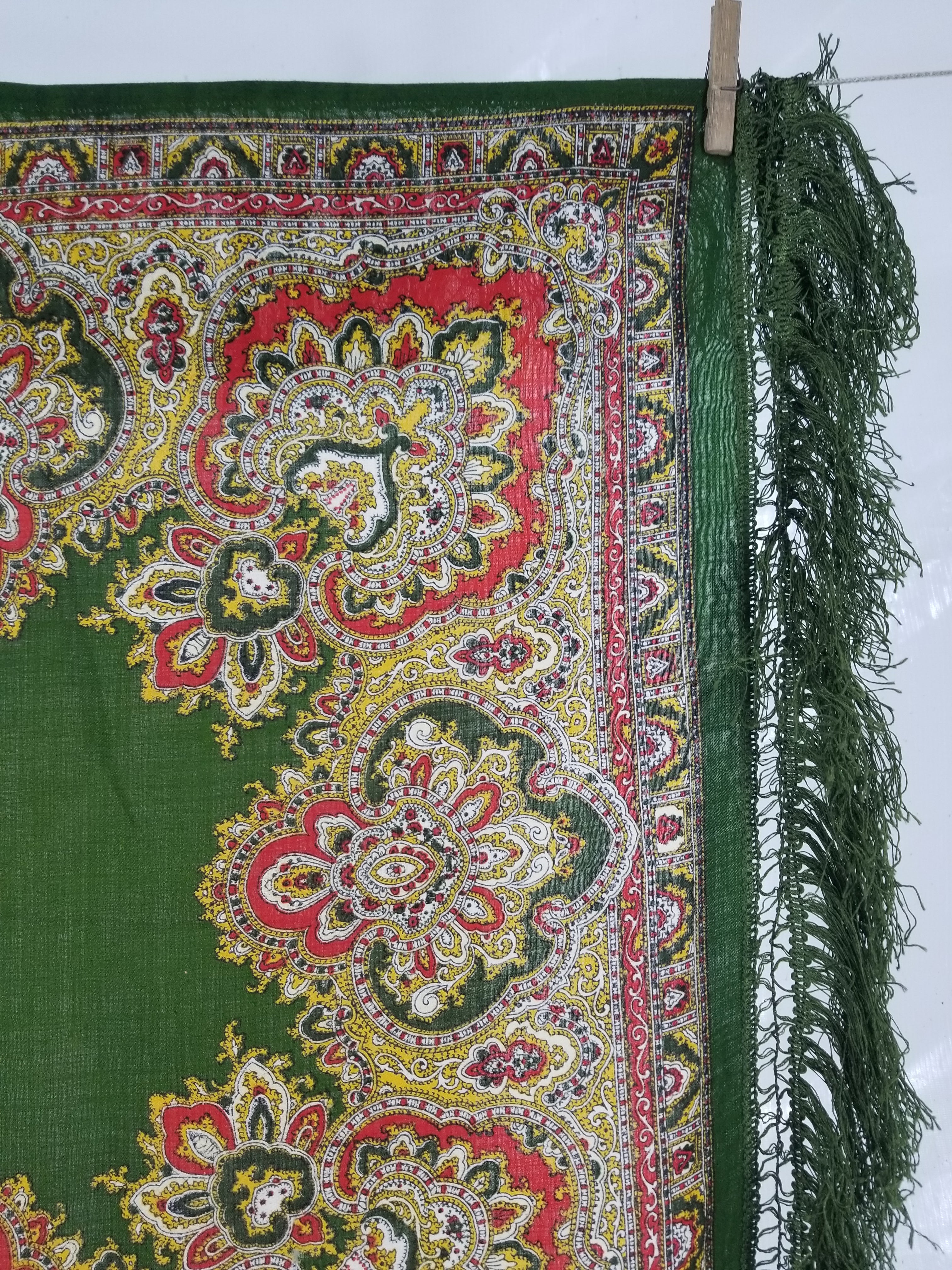 Vintage Traditional Printed Wool Fringed Russian Shawl 65x64cm