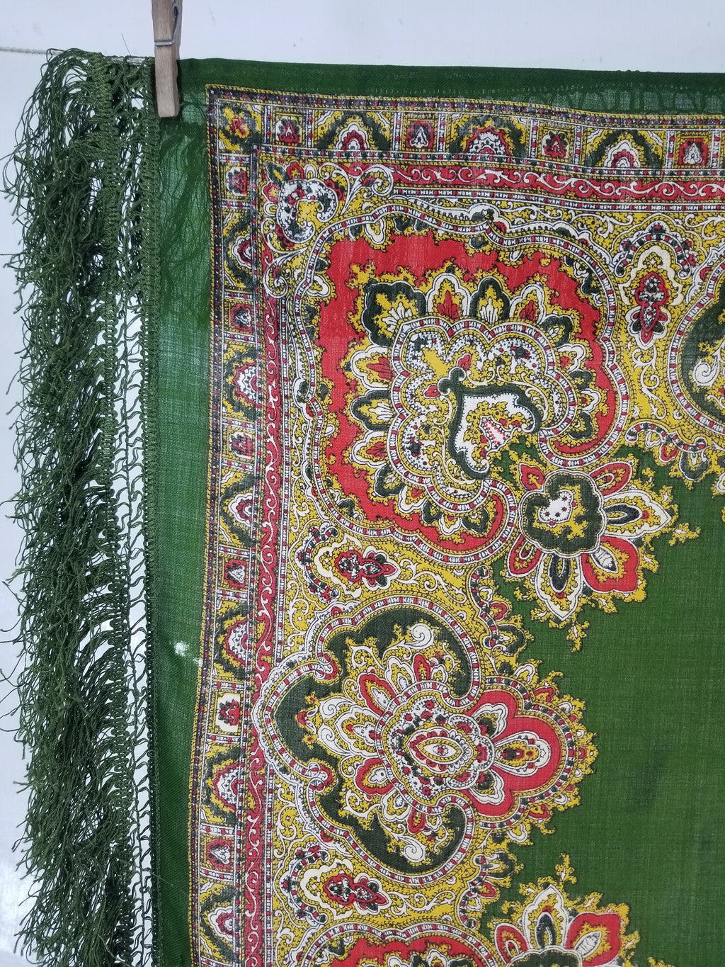Vintage Traditional Printed Wool Fringed Russian Shawl 65x64cm