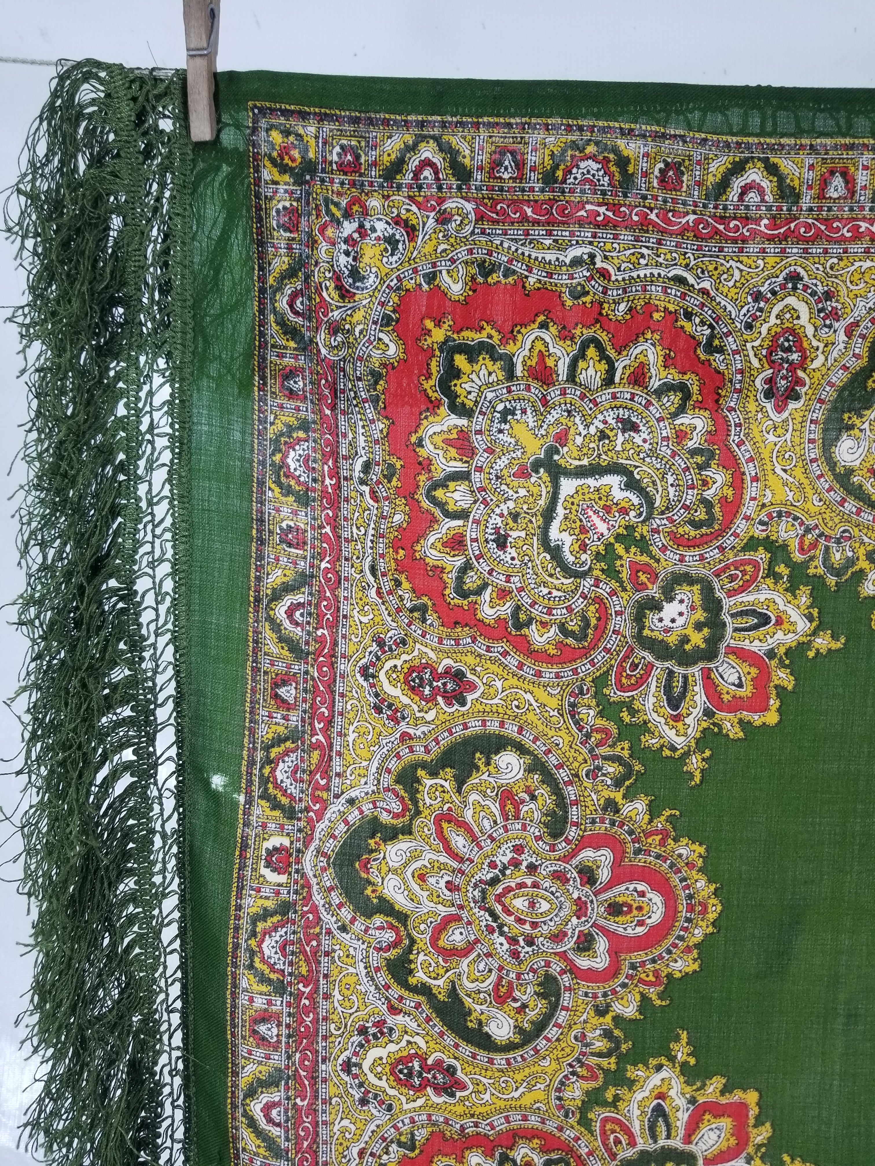Vintage Traditional Printed Wool Fringed Russian Shawl 65x64cm